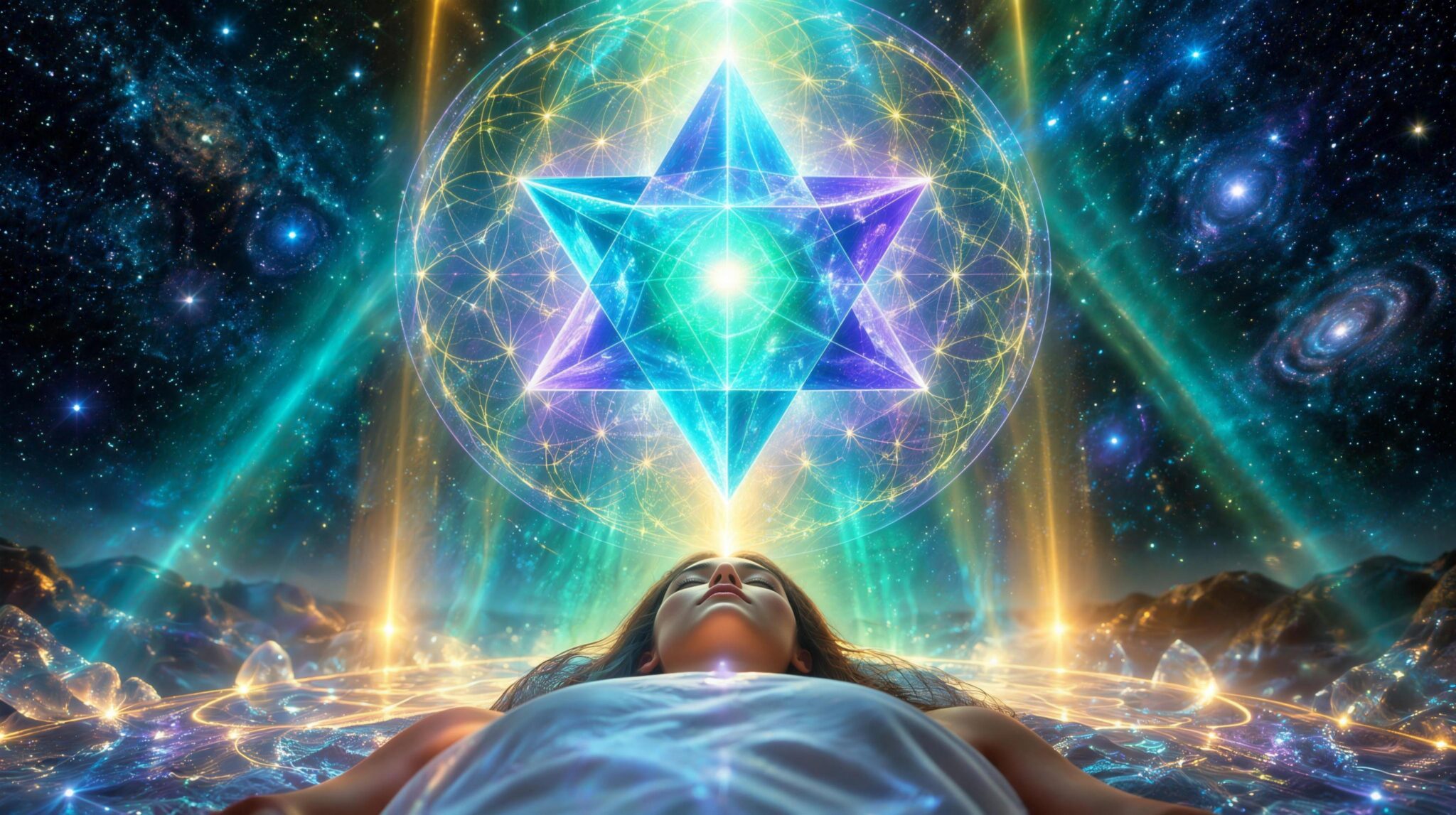 A glowing turquoise and violet Merkaba star tetrahedron above a person lying in meditation, surrounded by beams of healing light