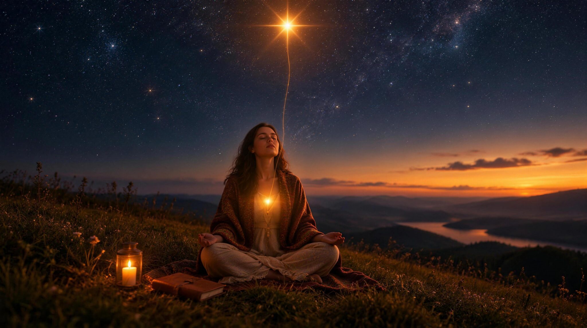 A woman meditating on a hillside at dusk beneath a golden star that sends a thread of light to her heart