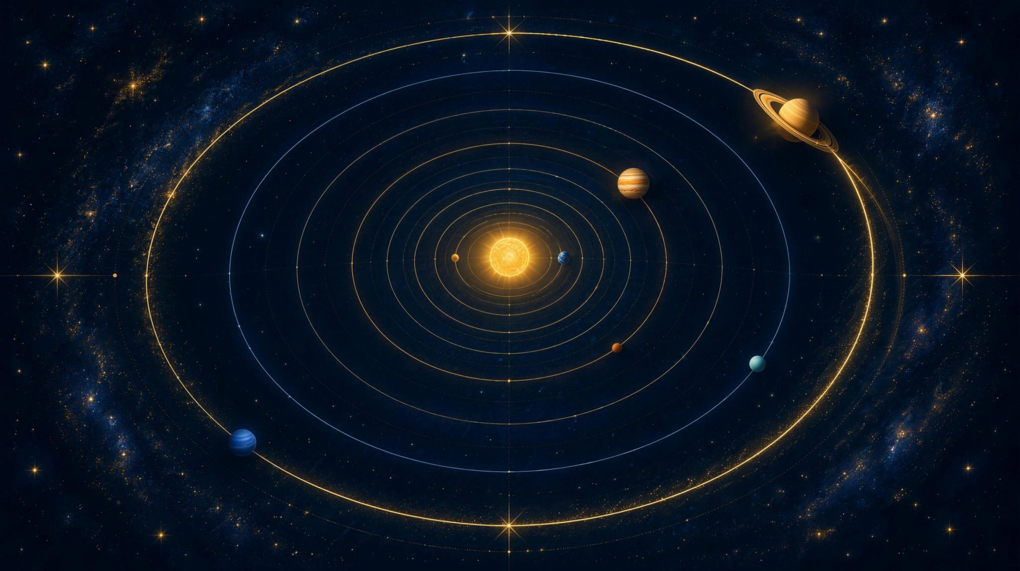Illustration of the solar system with Saturn on a wide golden orbit around the Sun and Earth on an inner orbit