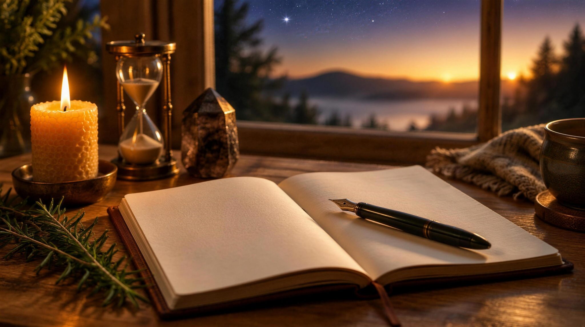 A journal, pen, lit candle, brass hourglass and dark crystal on a wooden table at dawn for a Saturn return ritual