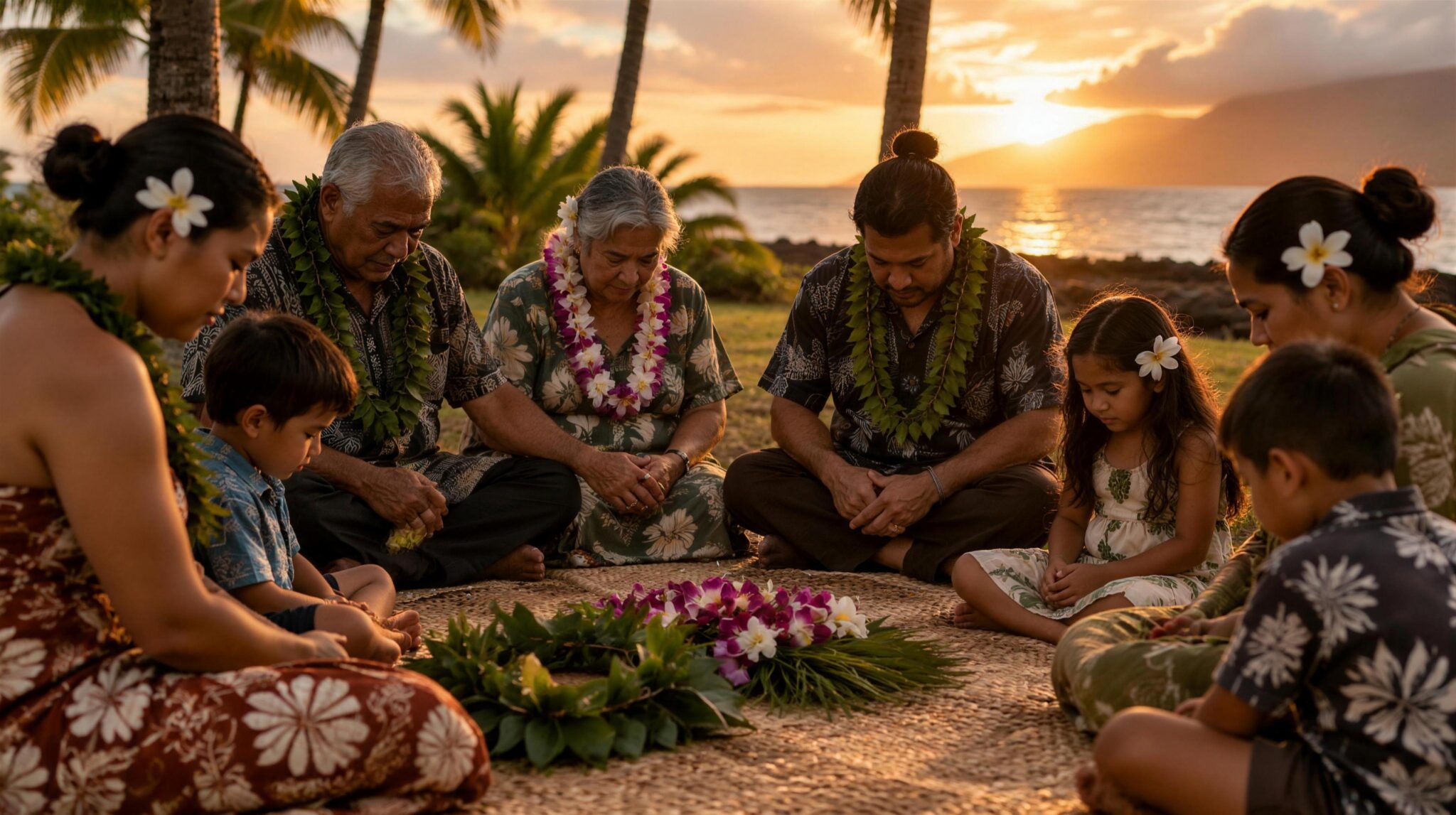 A multi-generational Hawaiian family seated in a circle on woven mats under palm trees at sunset with heads bowed in a quiet moment of reconciliation