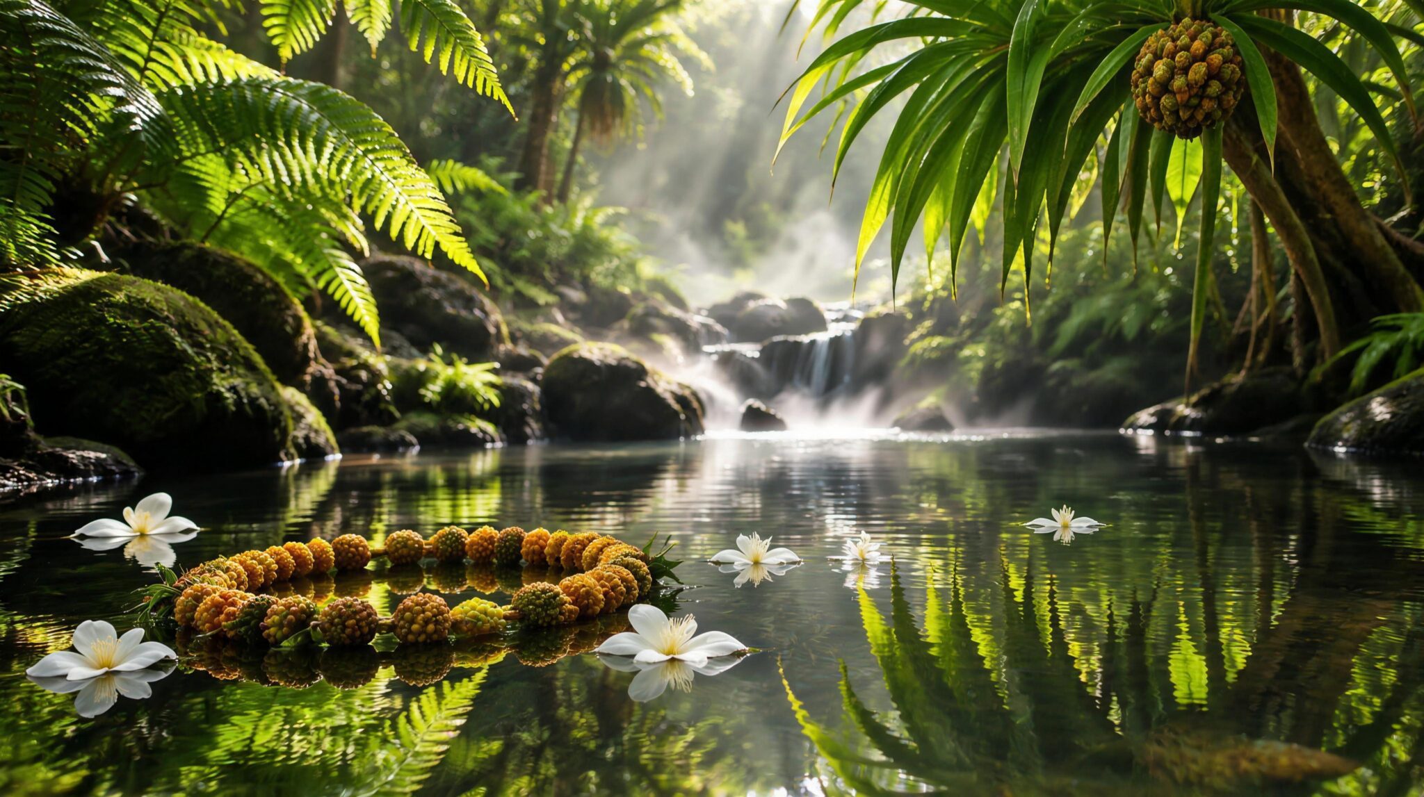 A still forest pool in a Hawaiian rainforest with a hala fruit lei and white ginger flowers floating on the water