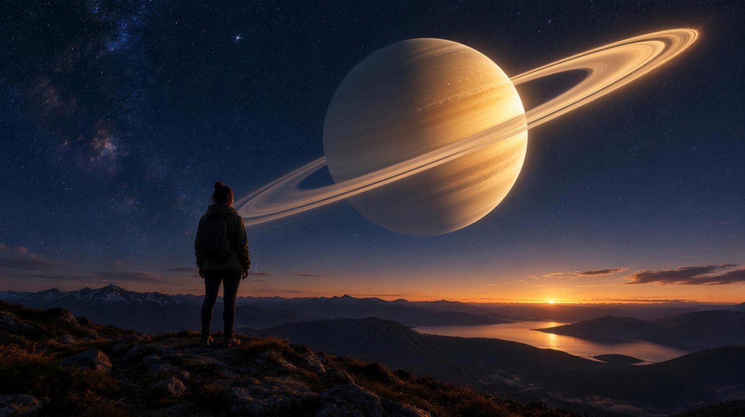 Person seen from behind on a mountain ridge at twilight looking up at a large glowing ringed Saturn in a starry sky