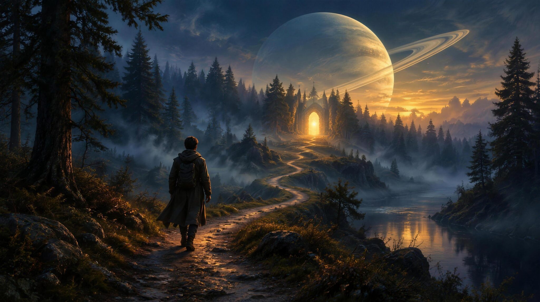 A person walking a misty forest path toward a glowing doorway of golden light with a pale ringed planet rising over the trees