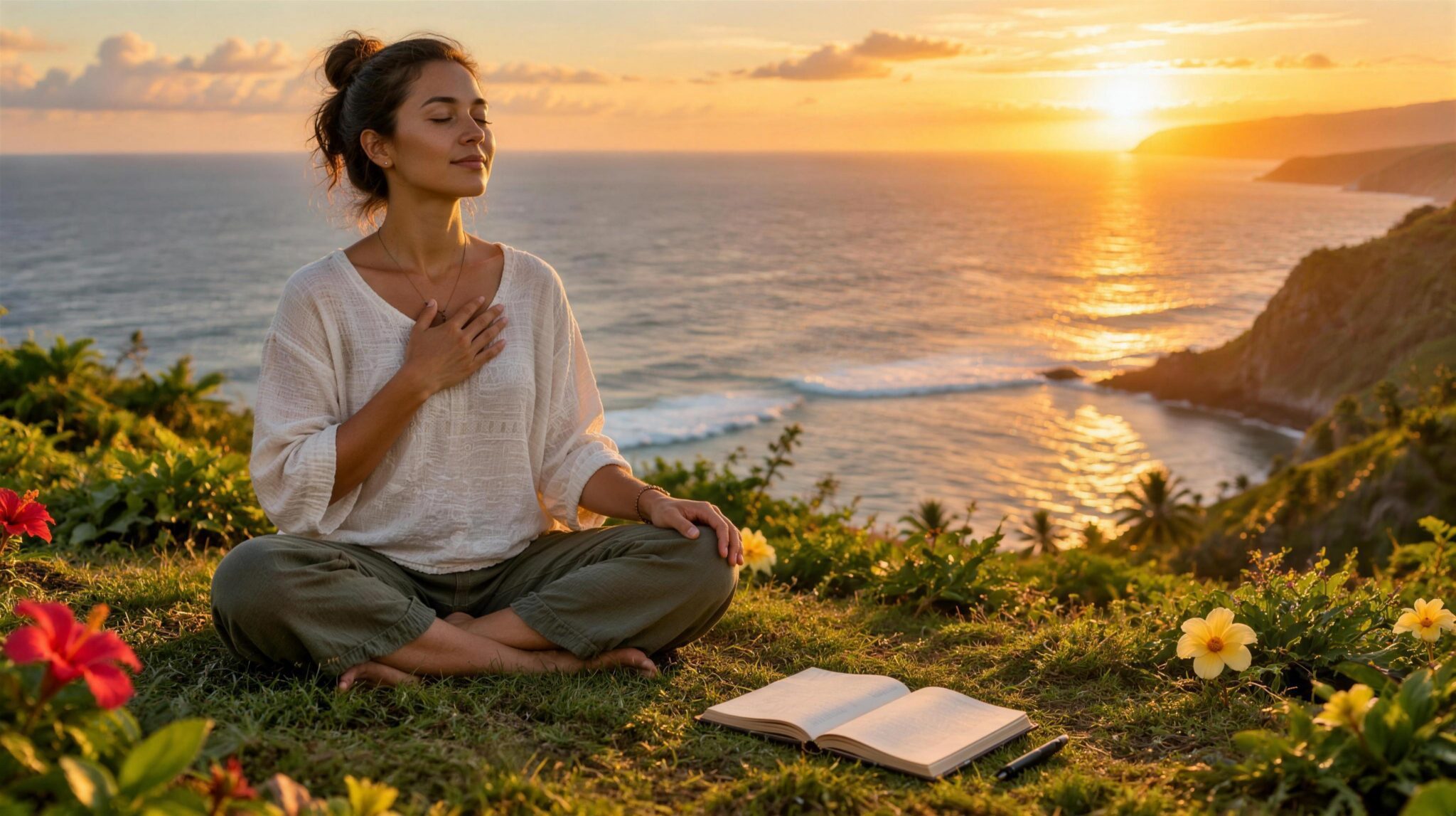 A person seated cross-legged on a grassy clifftop over the Pacific at golden hour, hand over heart, with an open journal beside them