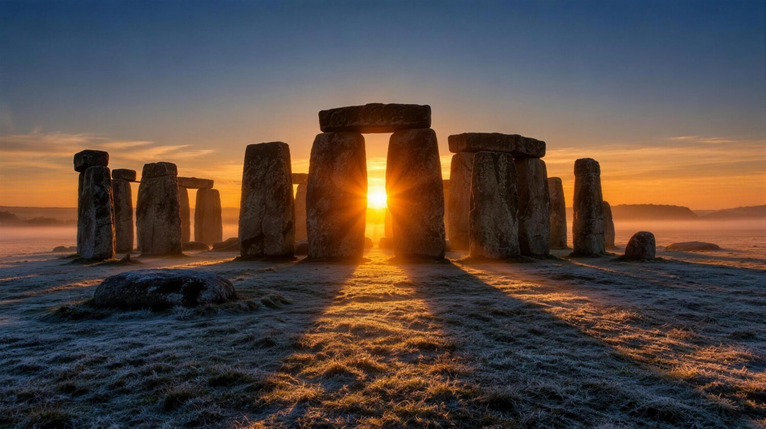 Winter solstice sunrise light shining through the standing stones of Stonehenge on a frosty morning
