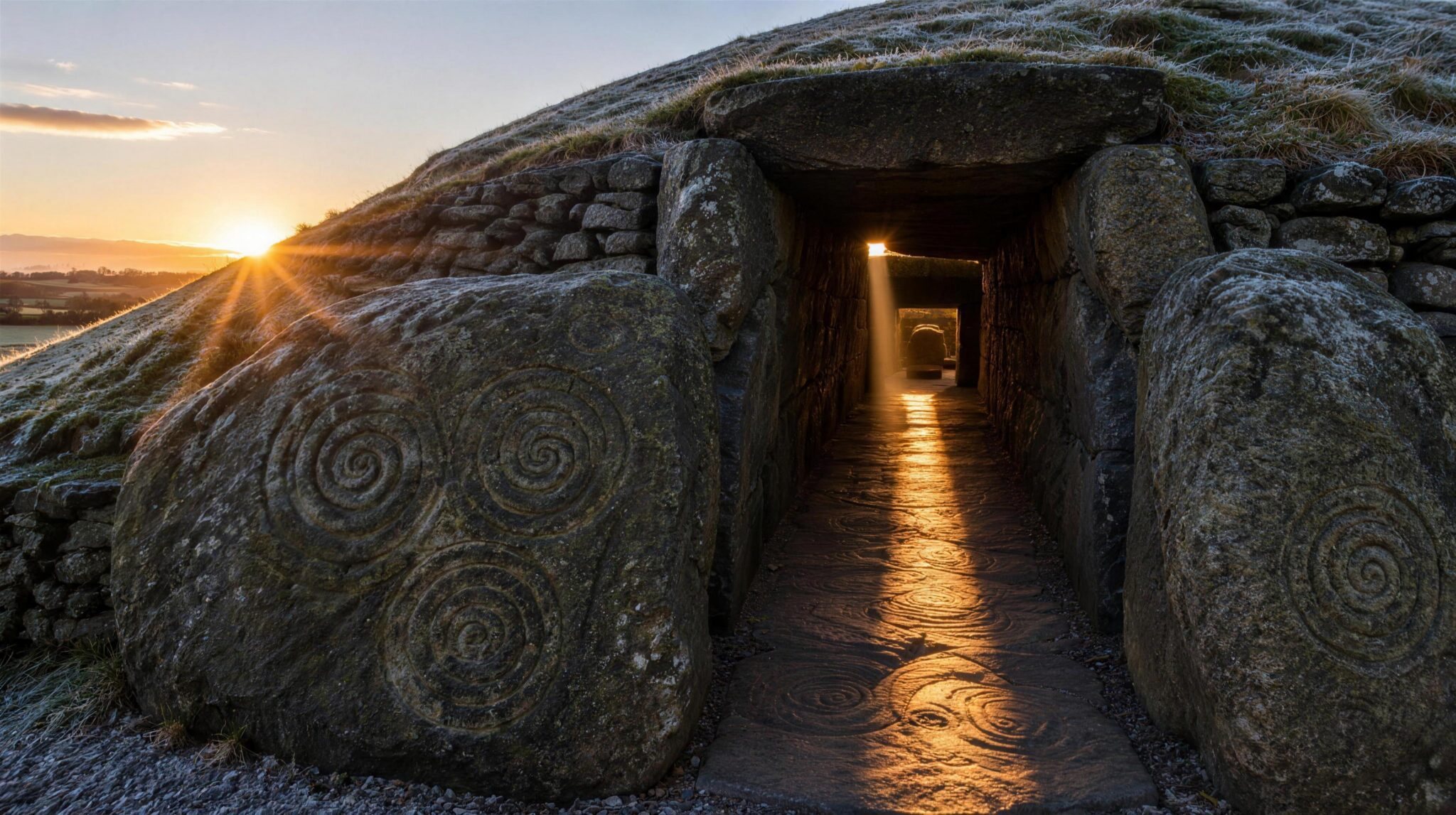 Winter solstice dawn light entering the roof-box passage of Newgrange in Ireland and stretching toward the inner chamber