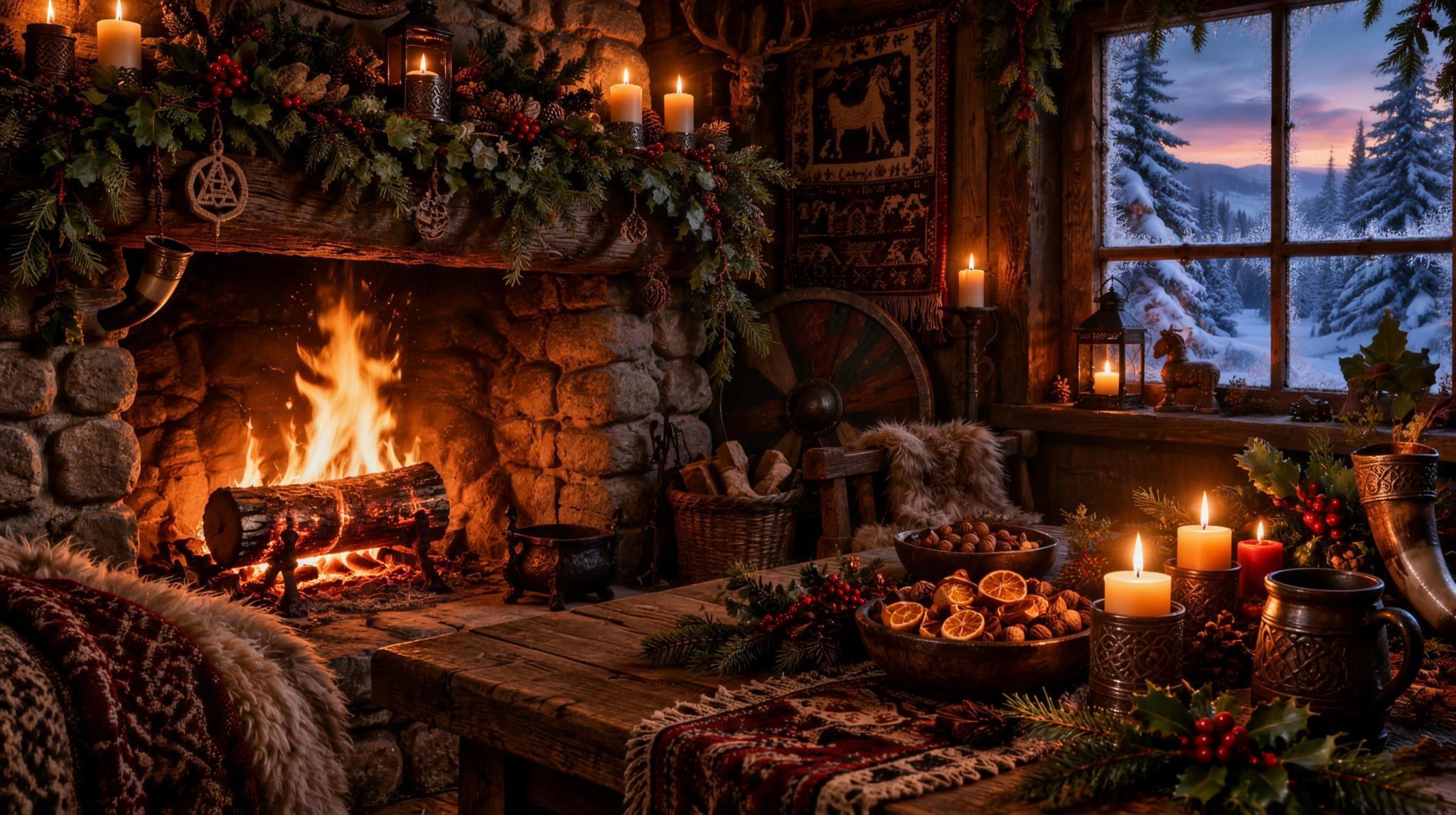 A burning Yule log in a stone hearth surrounded by holly, ivy, candles and pine cones