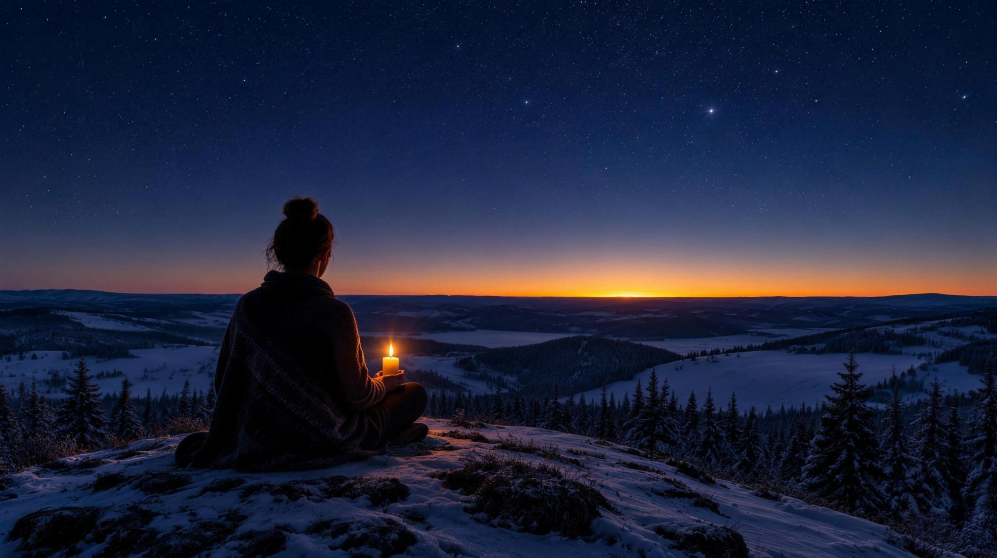 A person meditating on a snowy hilltop holding a candle as the first sunrise light appears after the longest night