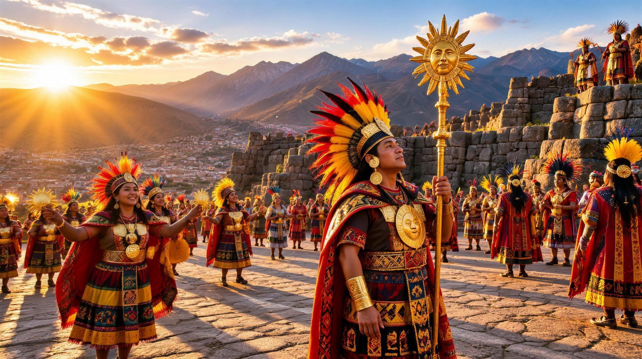 Dancers in Inca-inspired costumes with golden sun ornaments gathering at sunrise for the Inti Raymi festival in Cusco, Peru