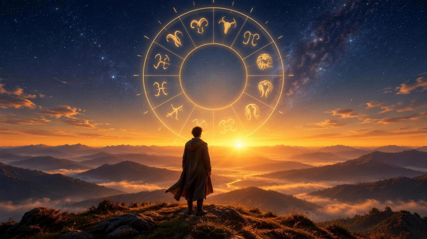 A person standing on a hilltop at dawn facing the rising sun, with a faint glowing zodiac wheel in the starry sky above the mountains