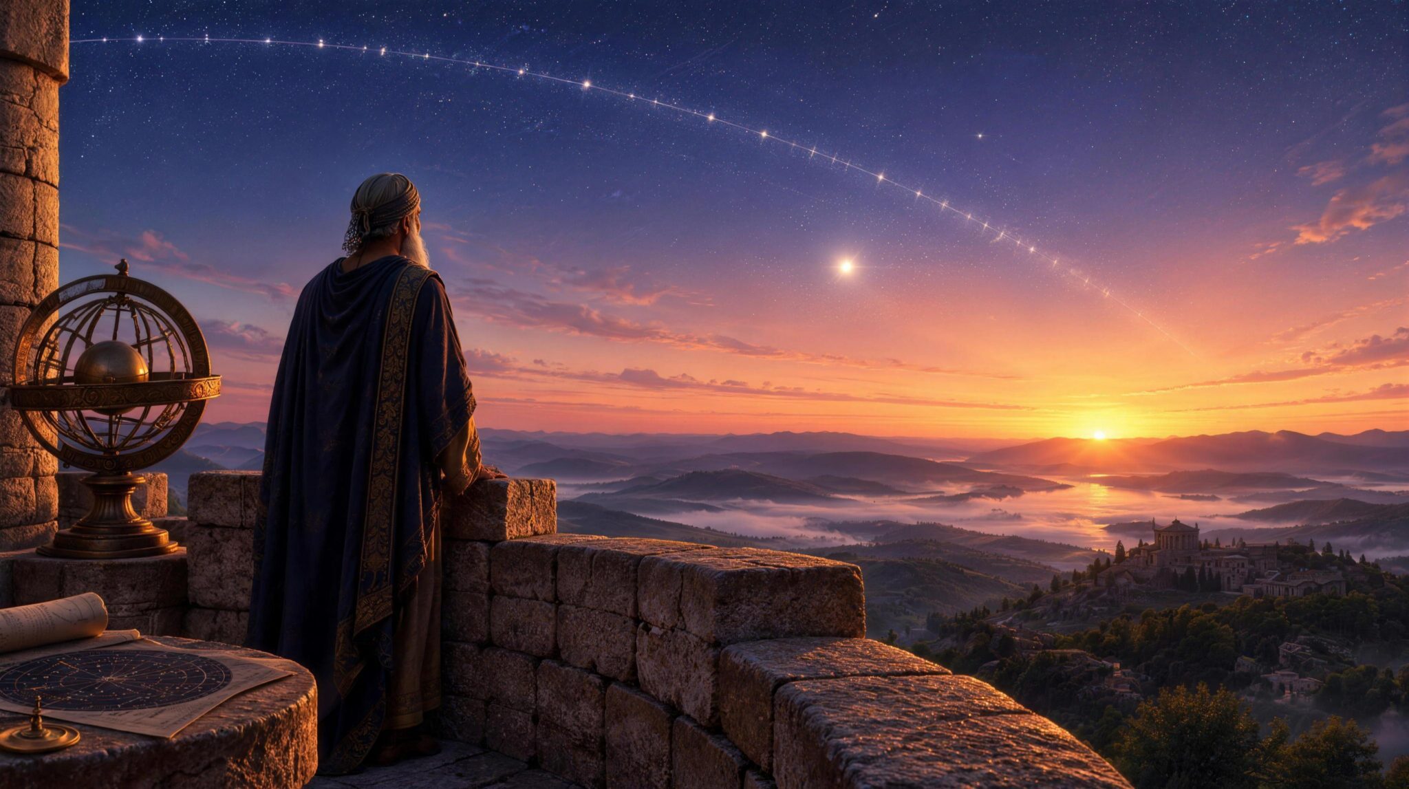An ancient stargazer on a stone tower at dawn watching a bright planet and the first sunlight rise on the eastern horizon