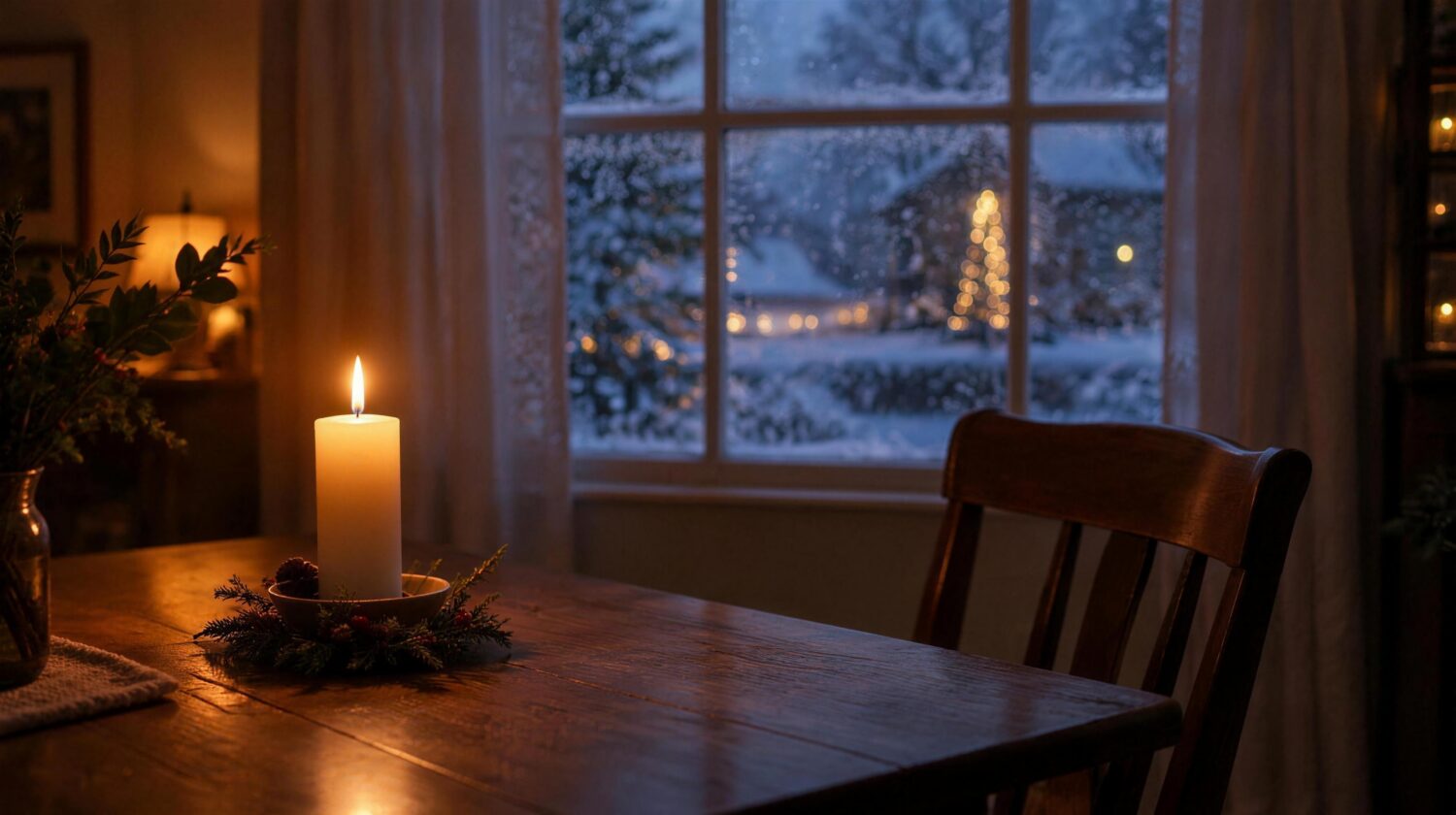 A lit candle on a dining table beside an empty chair, with snow falling outside a window at dusk