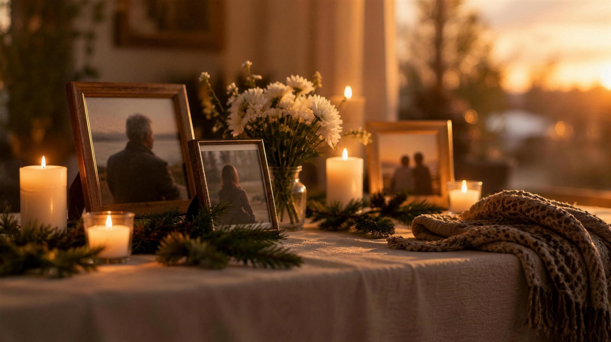 A memory table with framed photographs, candles, white flowers and evergreen sprigs honoring a loved one