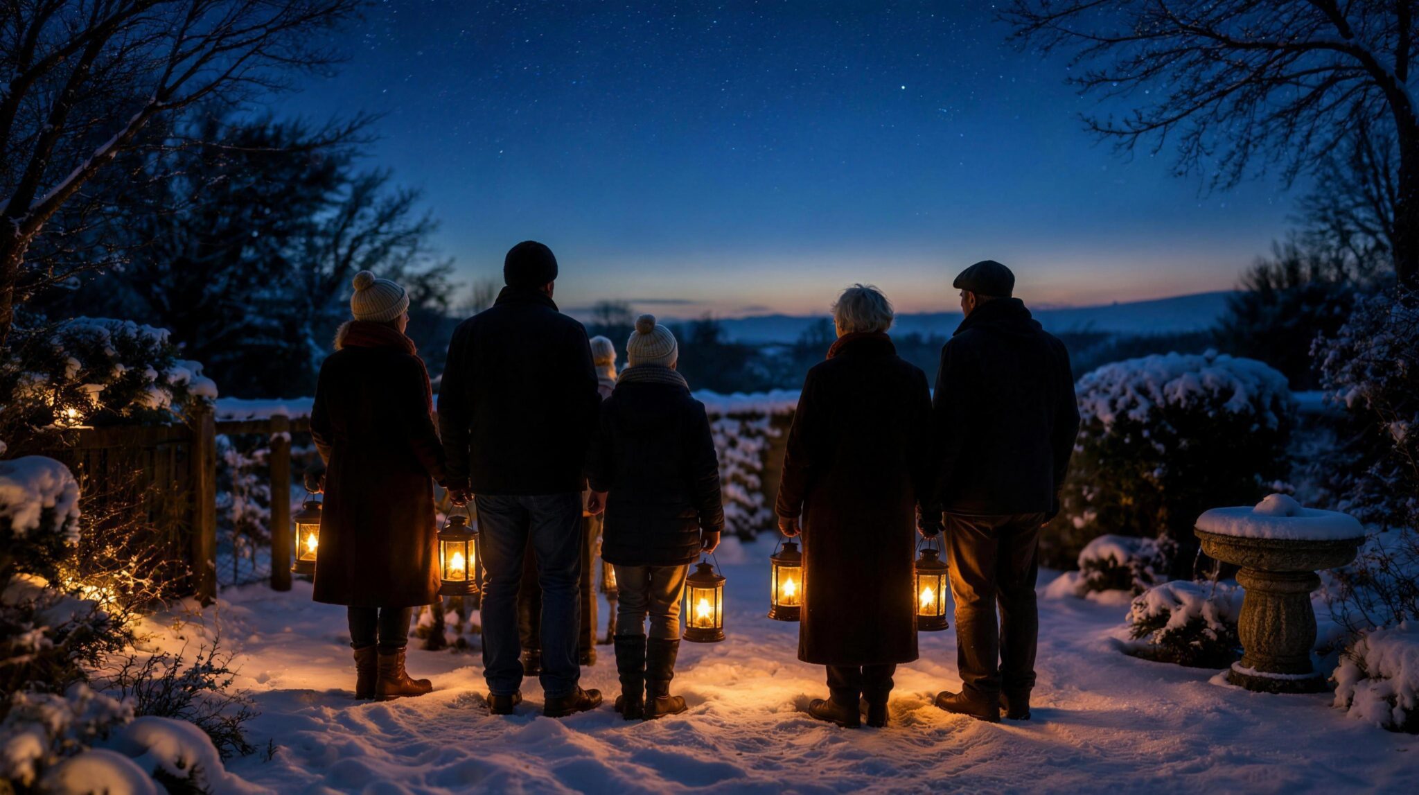 People standing together in a snowy garden at twilight, each holding a glowing lantern in remembrance