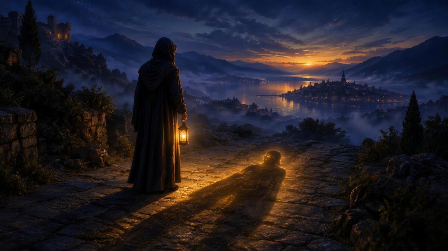 A robed figure holding a lantern at dusk, with a long golden-glowing shadow stretching across the path, symbolizing Carl Jung's shadow
