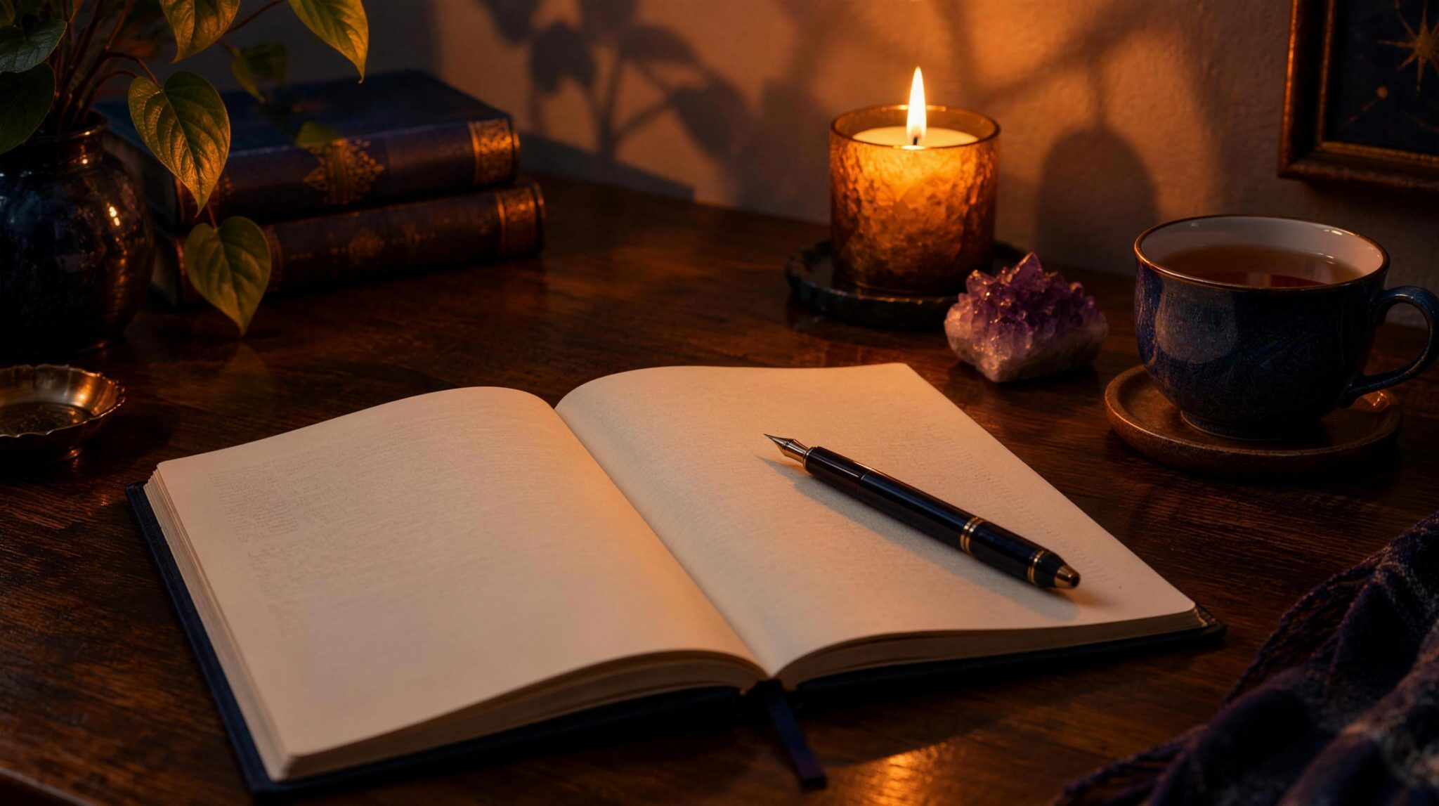 An open blank journal, fountain pen, lit candle, cup of tea and amethyst crystal on a dark wooden desk in warm evening light