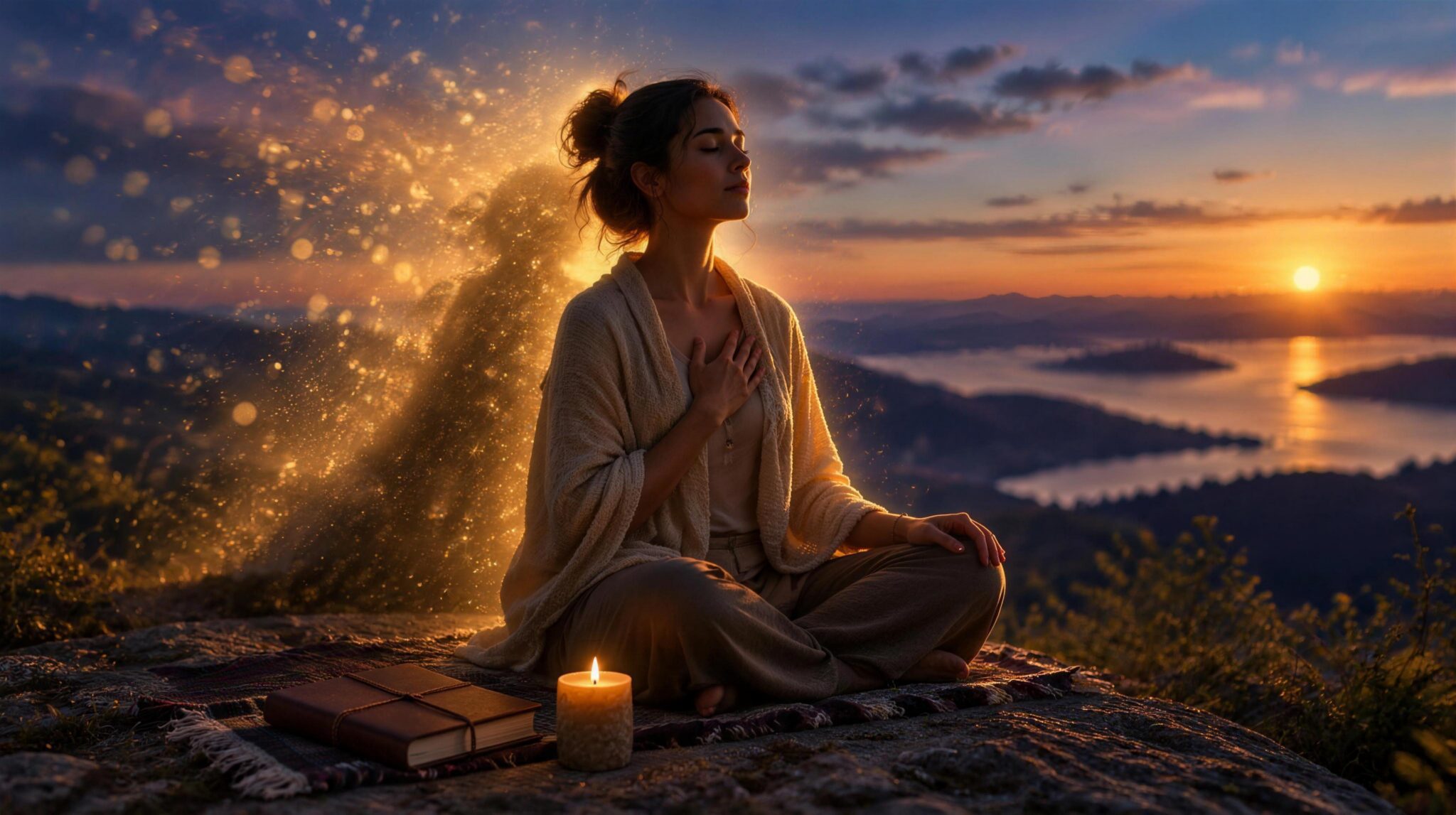 A person meditating at dusk with a hand over the heart, a journal and candle nearby, their shadow dissolving into golden light