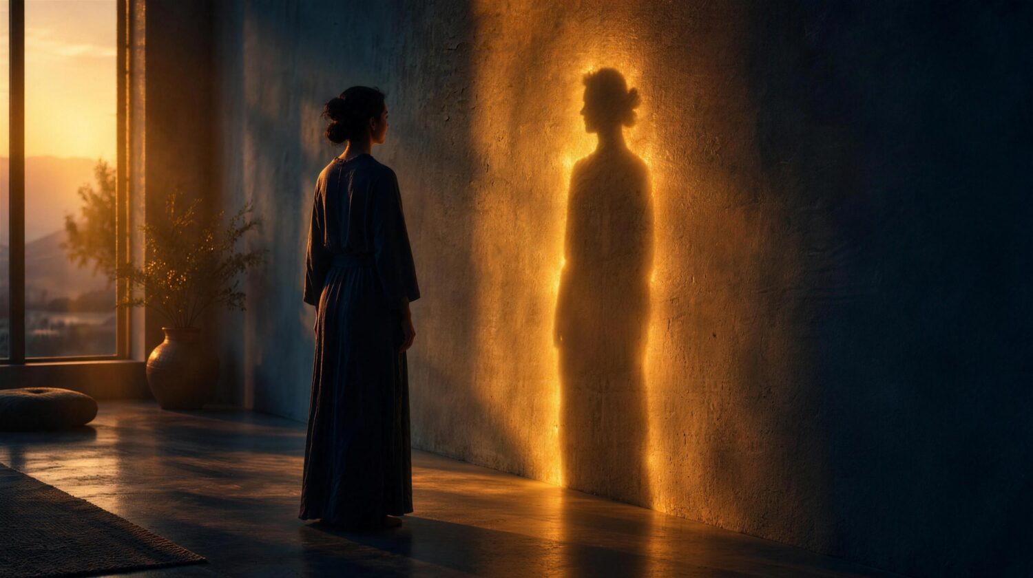 A calm person facing a wall where their long shadow glows with soft golden light along its edges, representing shadow work