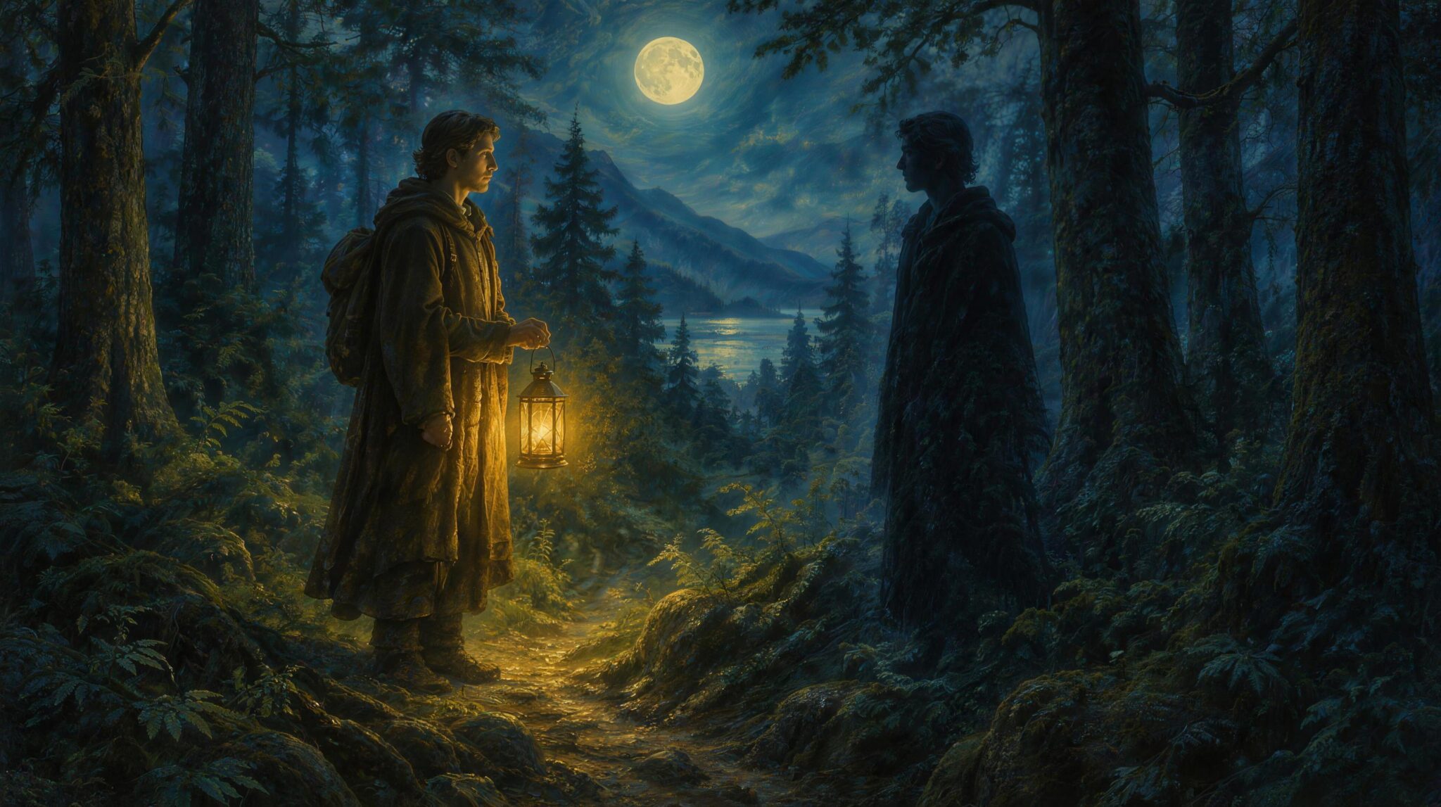 A lone traveler with a lantern meeting a dark silhouette of themselves in a moonlit forest, representing Carl Jung’s idea of meeting the shadow