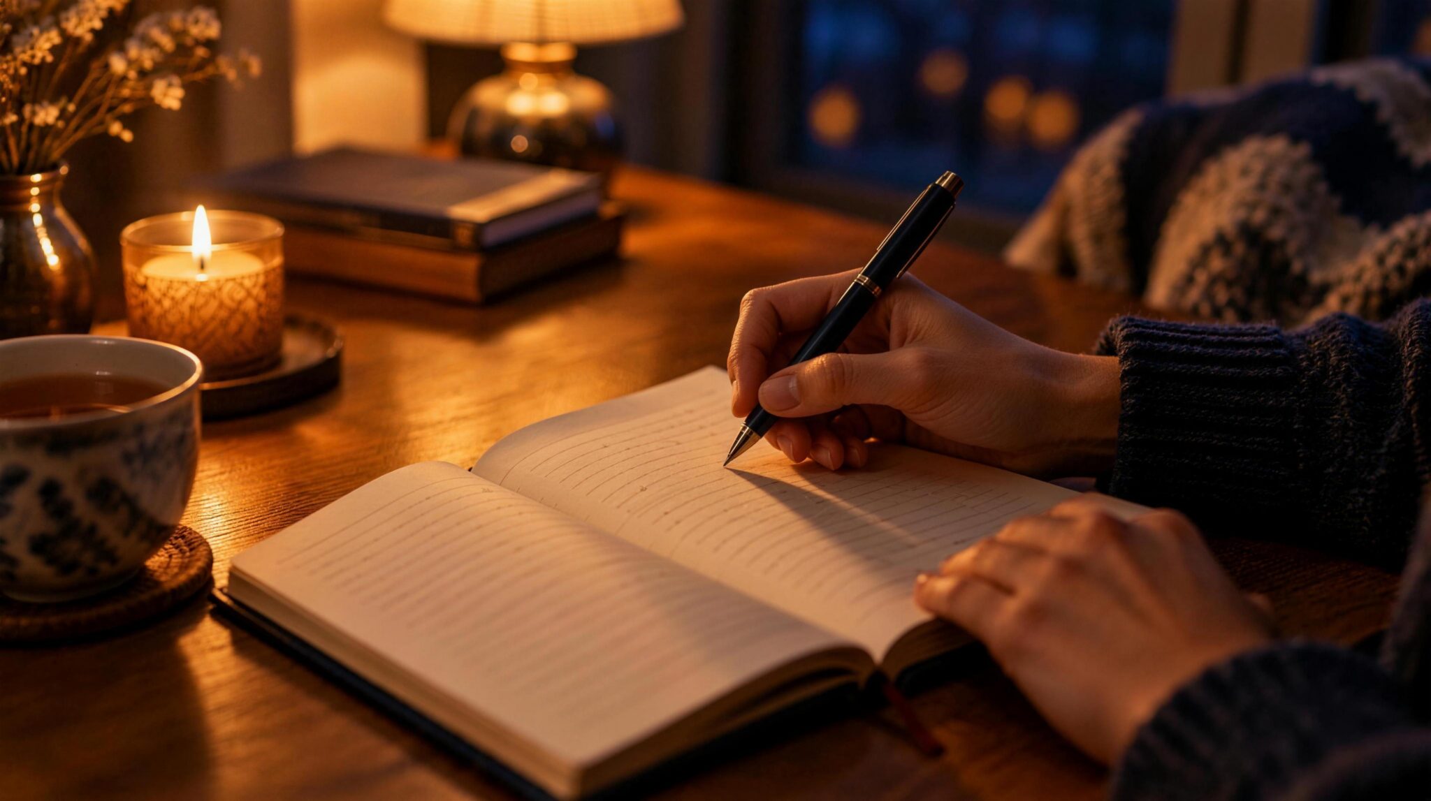 Hands writing in an open journal by candlelight at a wooden table, with a soft shadow falling across the page, representing shadow work journaling