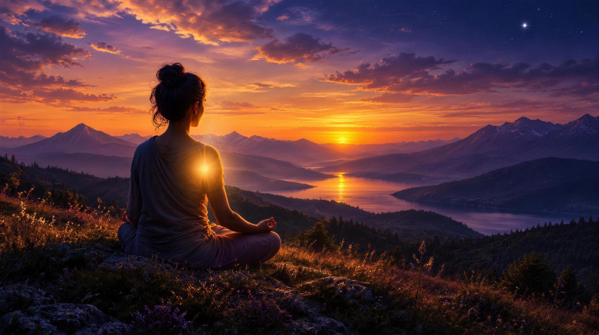 A person sitting cross-legged on a hillside at dusk, half in warm golden light and half in soft shadow, representing shadow work meditation