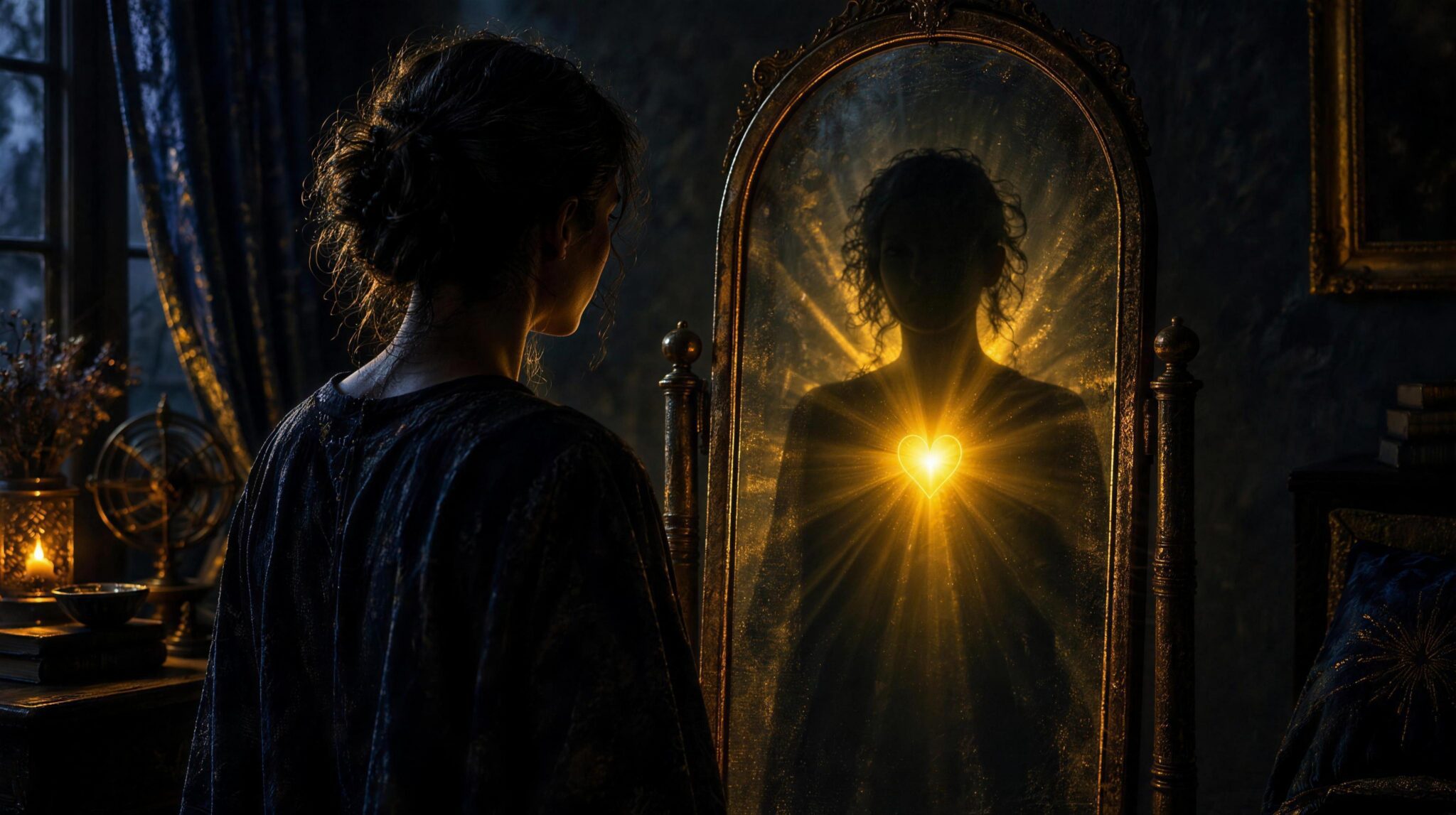A person looking into a standing mirror whose reflection is a dark silhouette with a glowing golden heart of light, representing the golden shadow