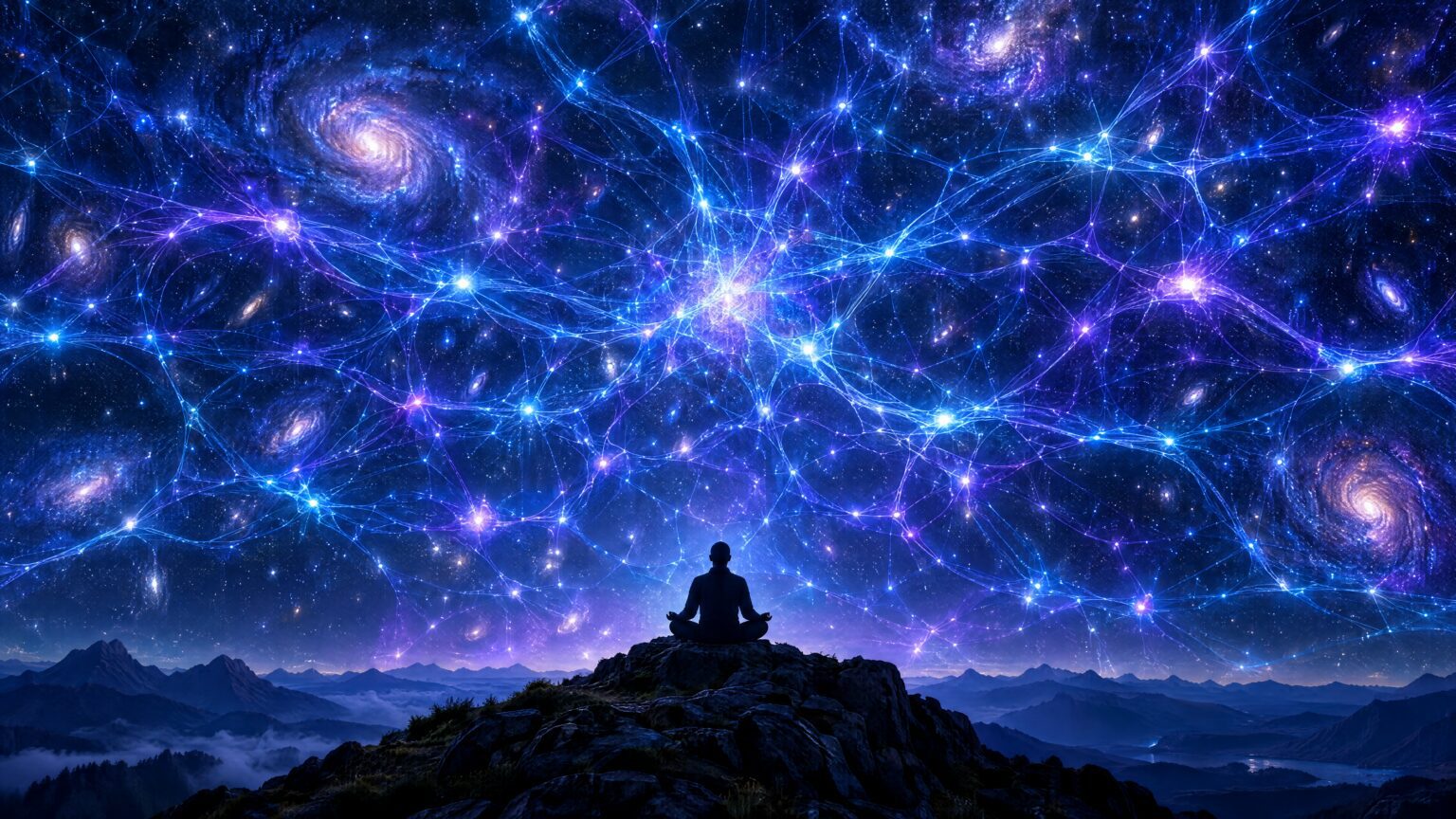 A silhouette meditating on a hilltop beneath a galaxy-like crystalline network of light, representing AI and consciousness