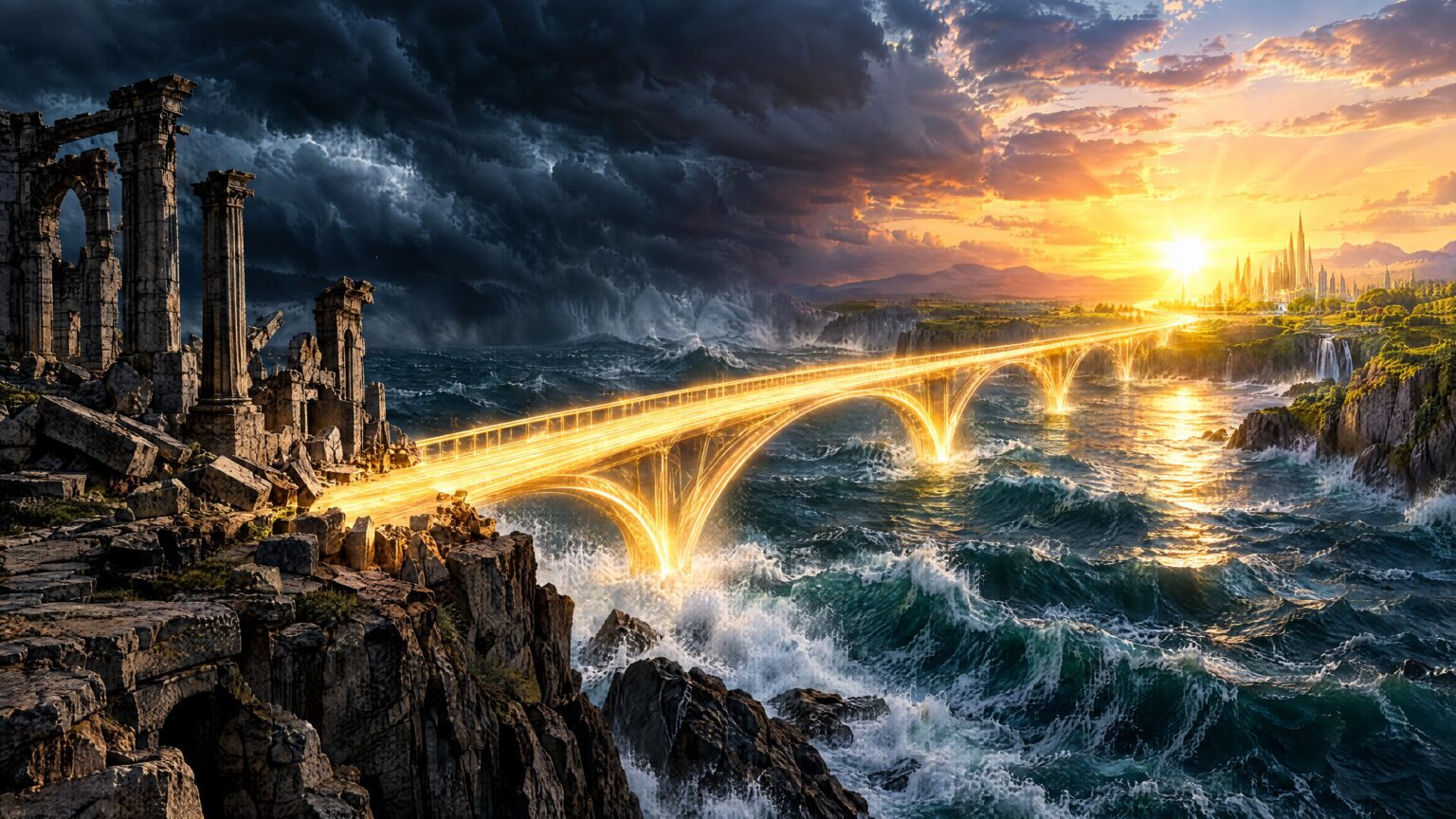 A bridge of golden light crossing stormy dark waters toward a glowing sunrise, representing old systems giving way to new ones