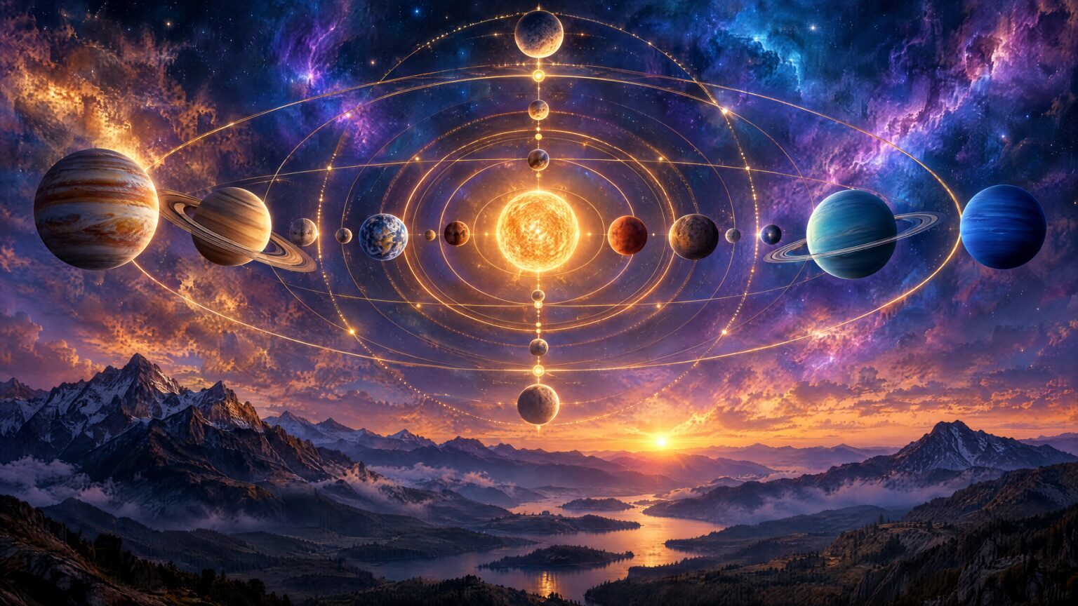 A cosmic wheel of planets and golden orbital rings in grand alignment above a quiet mountain range at twilight