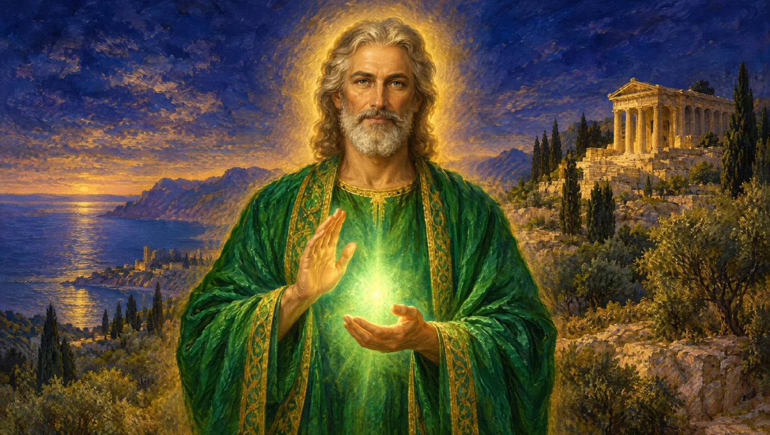 Devotional oil painting of Hilarion in emerald-green robes with healing light between his hands