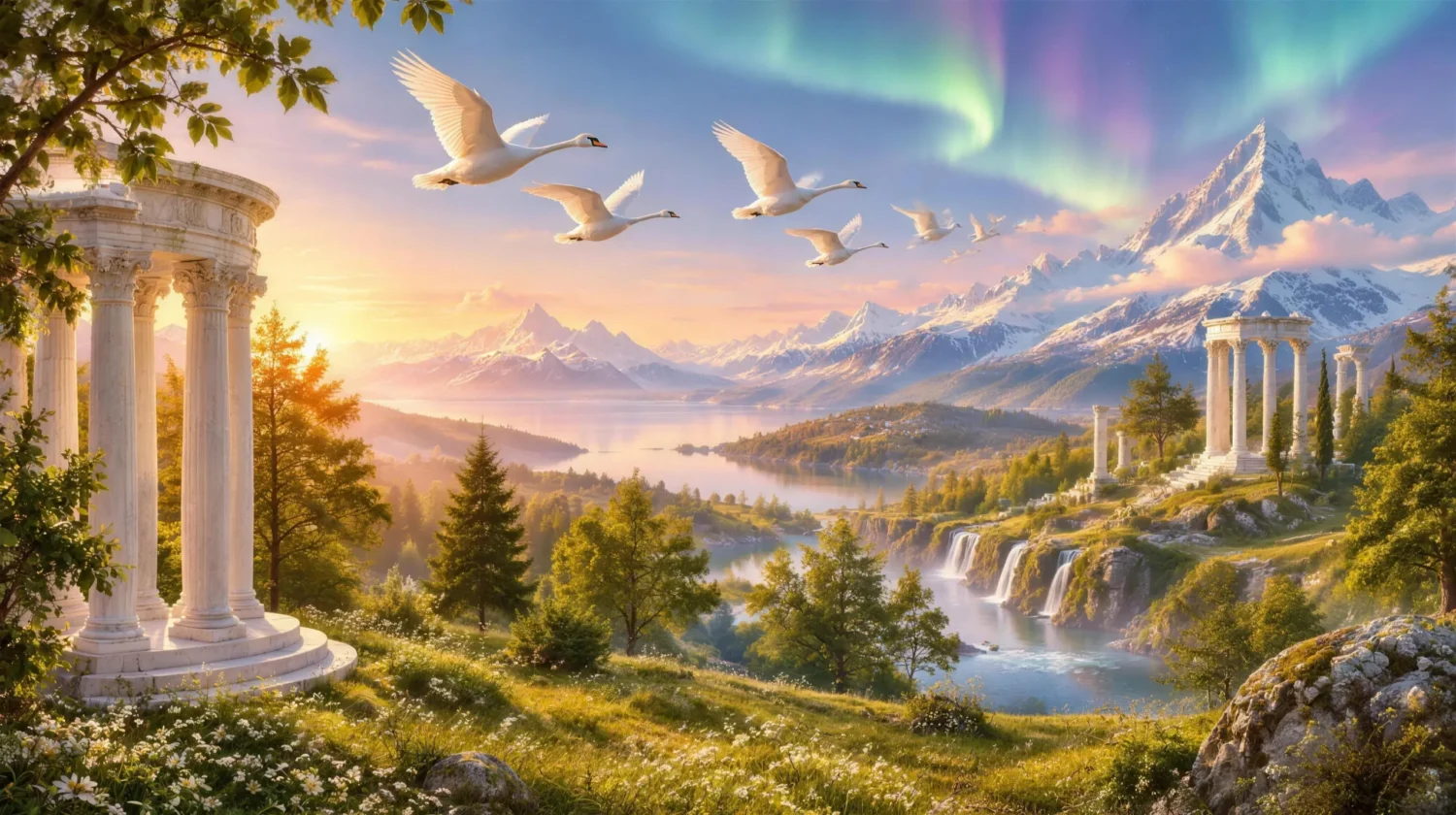A sunlit mythical northern valley with white marble temple columns, green meadows, swans flying overhead and a soft aurora over snowy mountains, an image of legendary Hyperborea