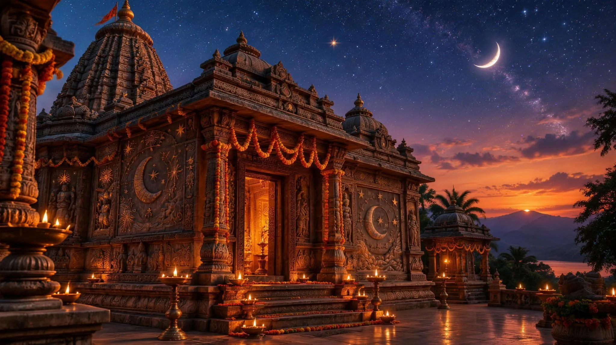 A carved stone Hindu temple at twilight with a crescent Moon and stars above and celestial carvings on its walls