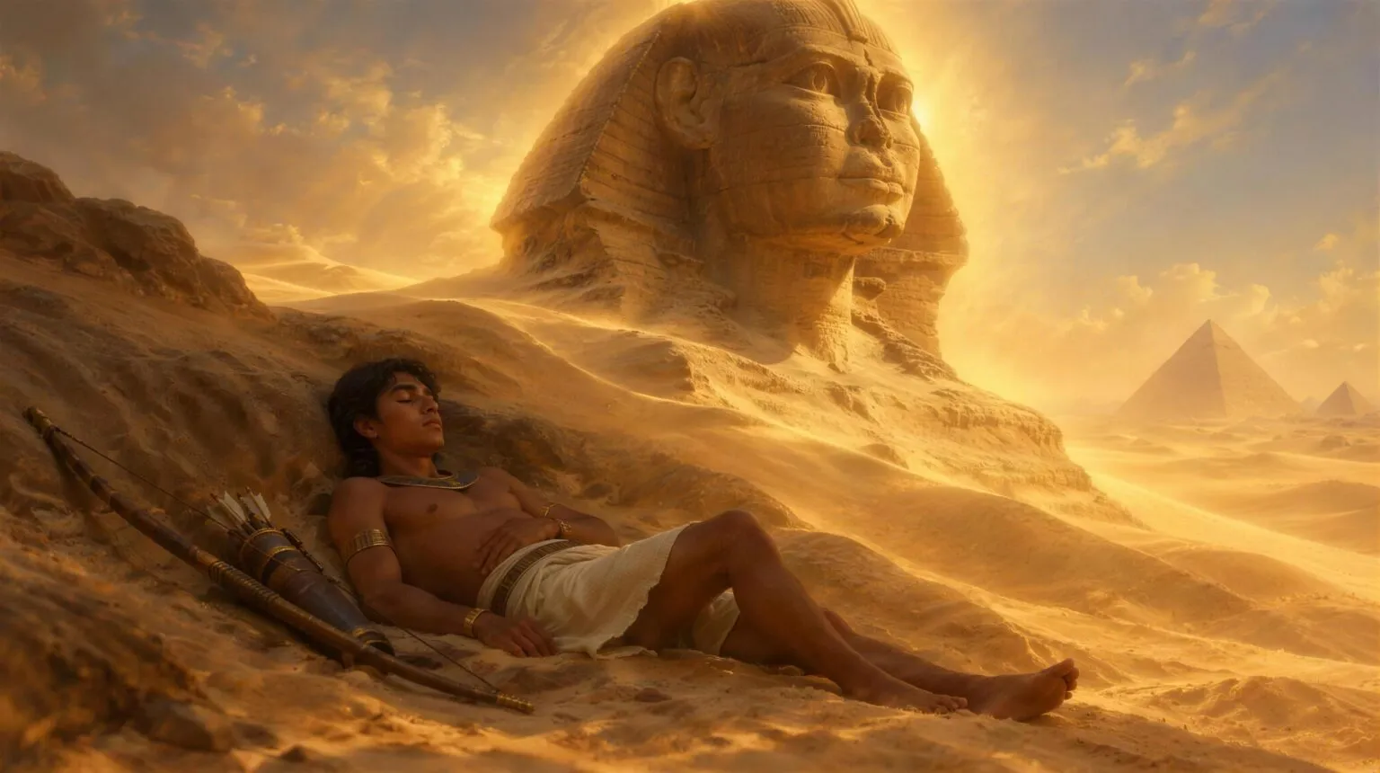 A young prince asleep in the shade of the Great Sphinx, buried to its shoulders in sand, with a golden dream light around its head