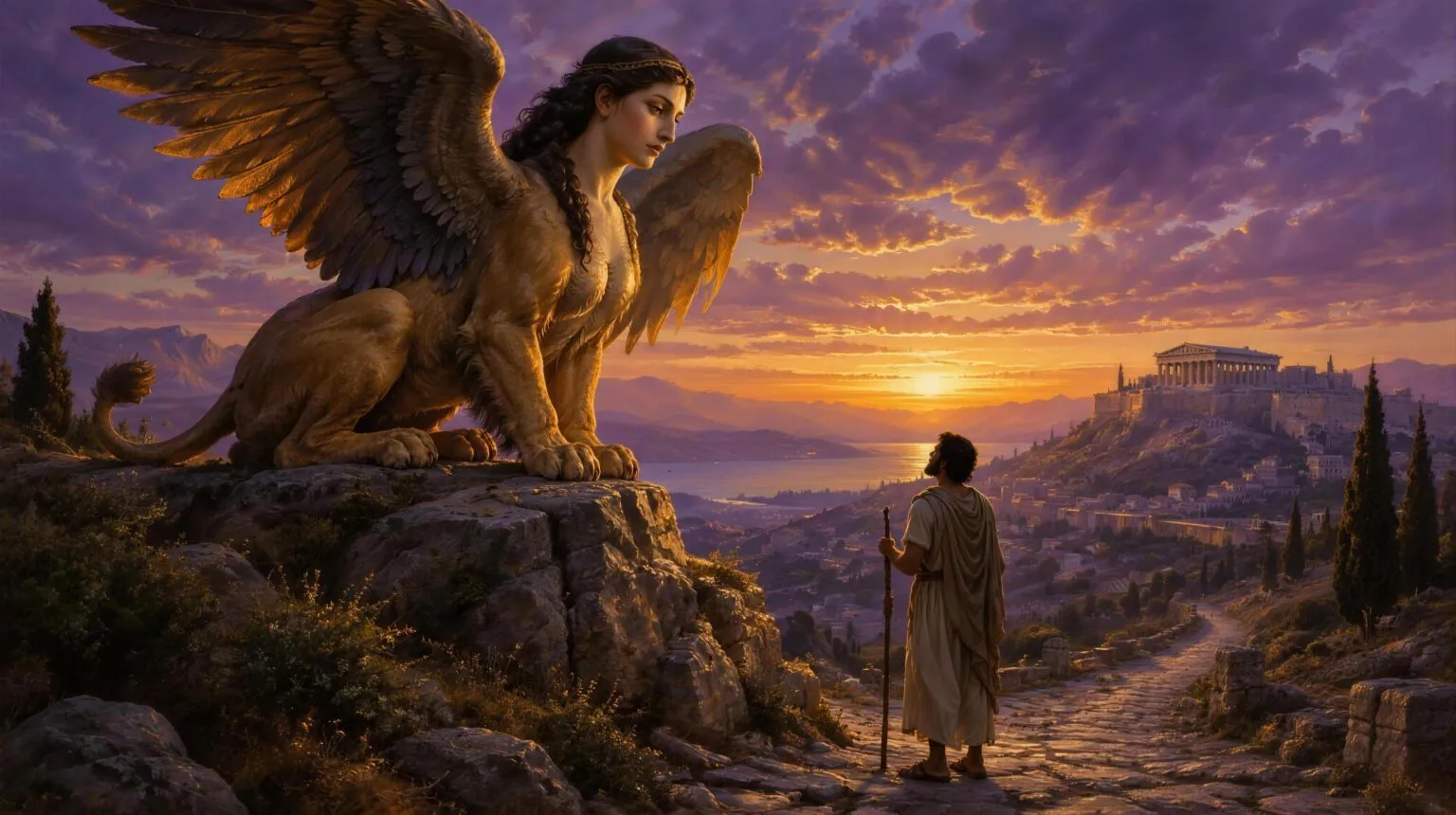 A winged Greek sphinx on a rock above an ancient road at dusk as a lone traveler stands before her to answer her riddle