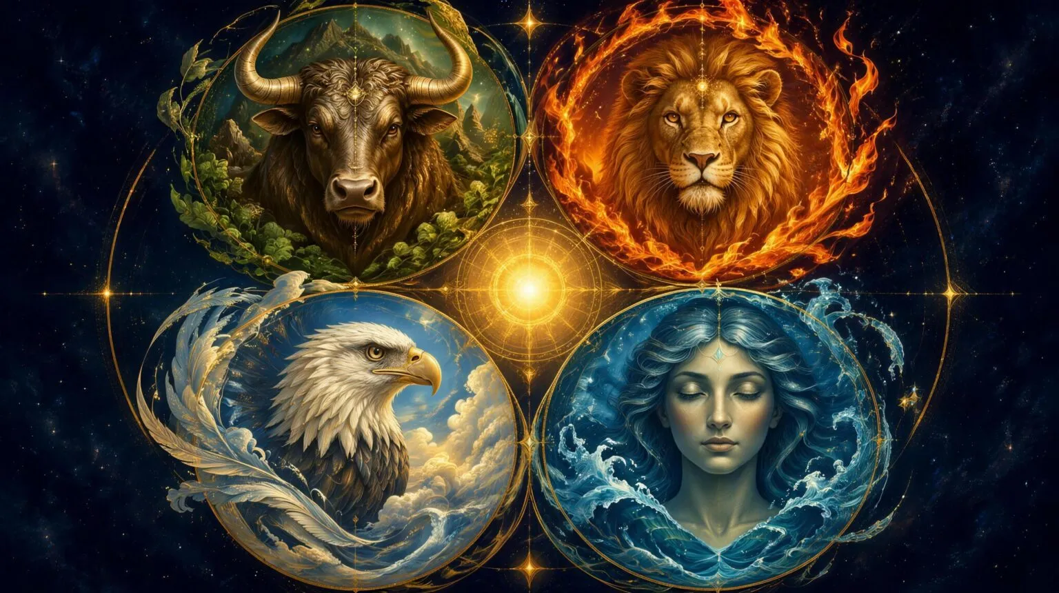 Four luminous beasts, a bull, a lion, an eagle and a human face, each framed by earth, fire, air and water around a golden light