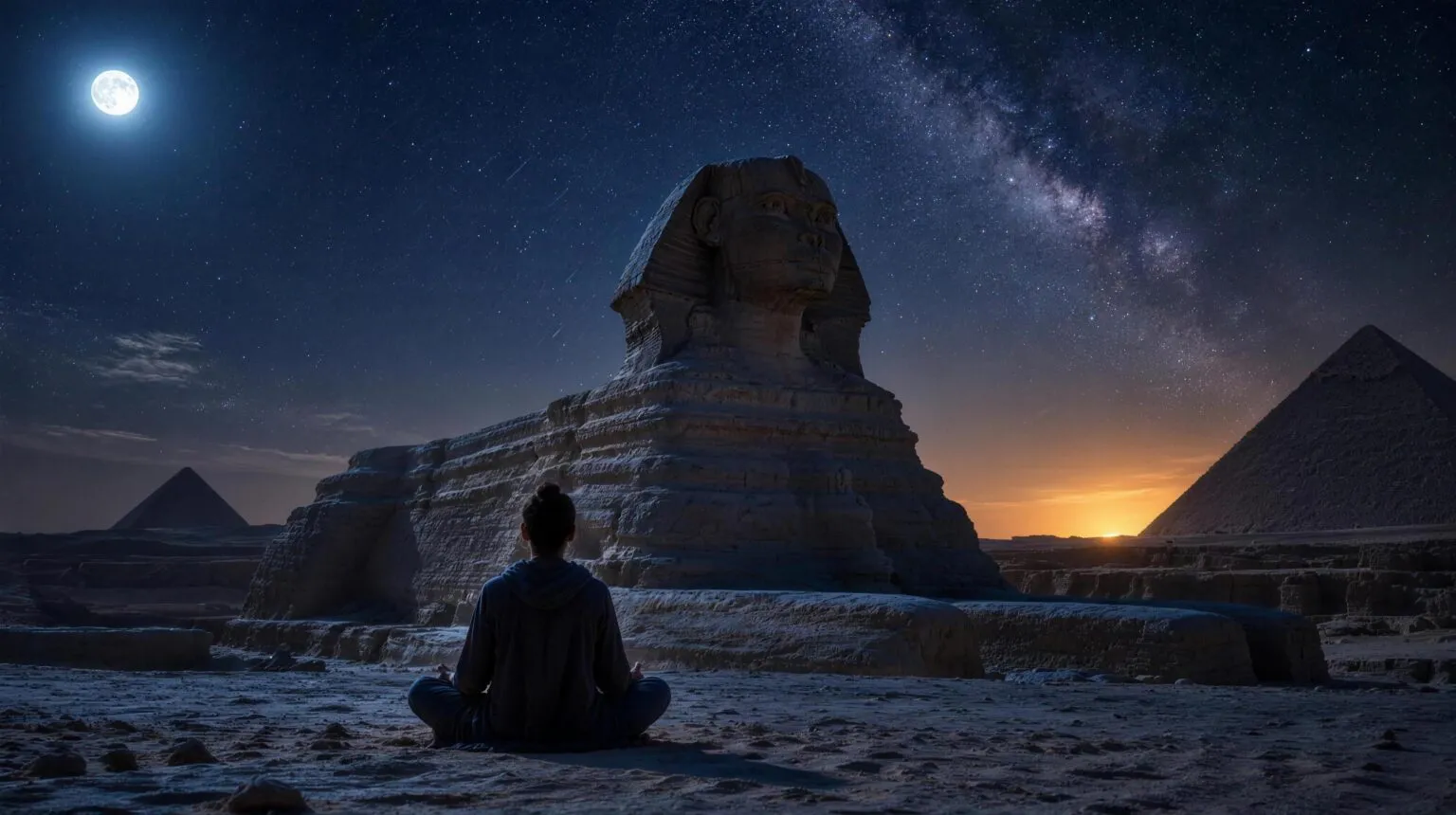 A lone seeker meditating on the sand before the silhouette of the Great Sphinx under a starry night sky