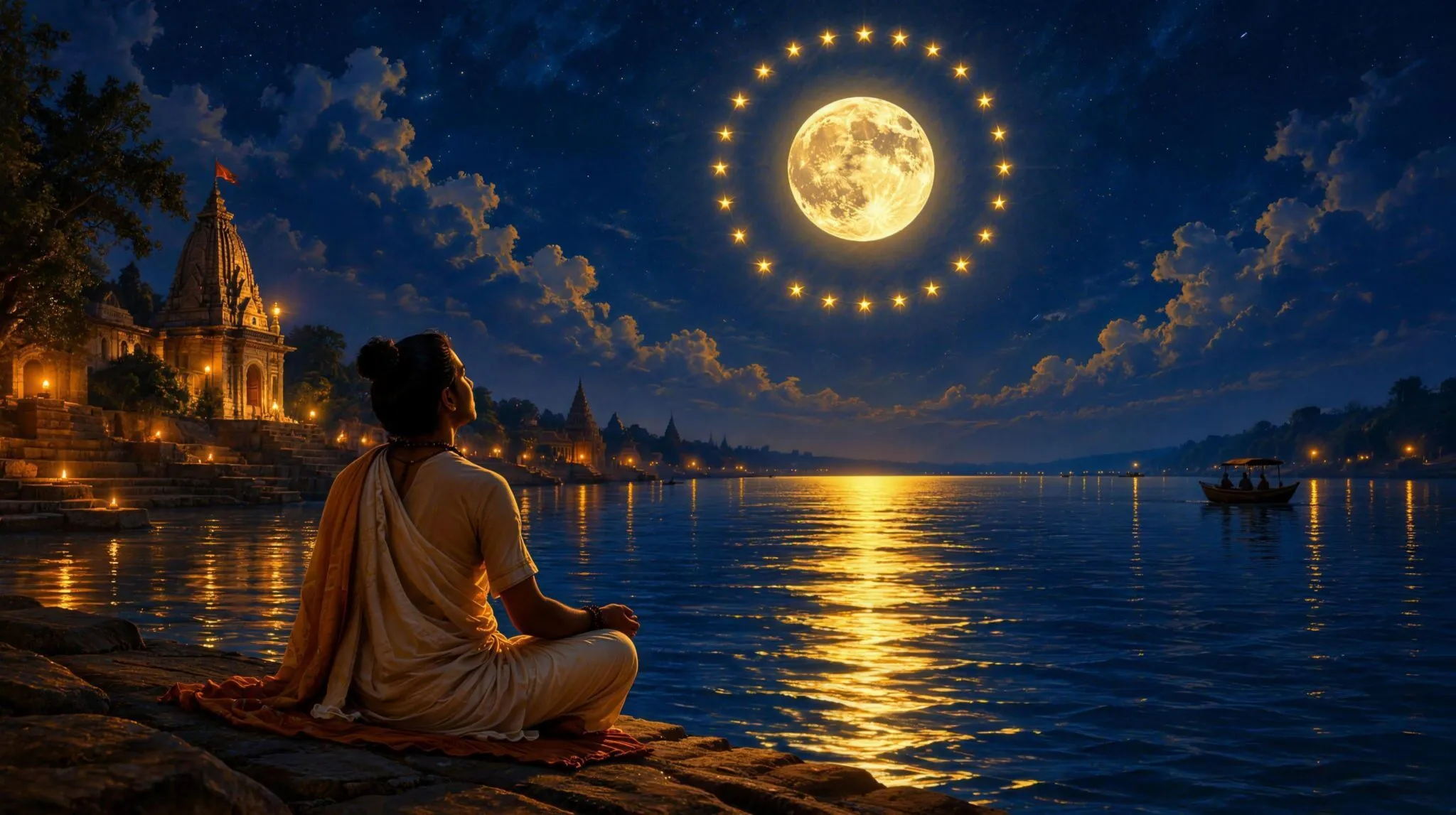 A person meditating beside a river at night under a full Moon ringed by twenty-seven small glowing stars