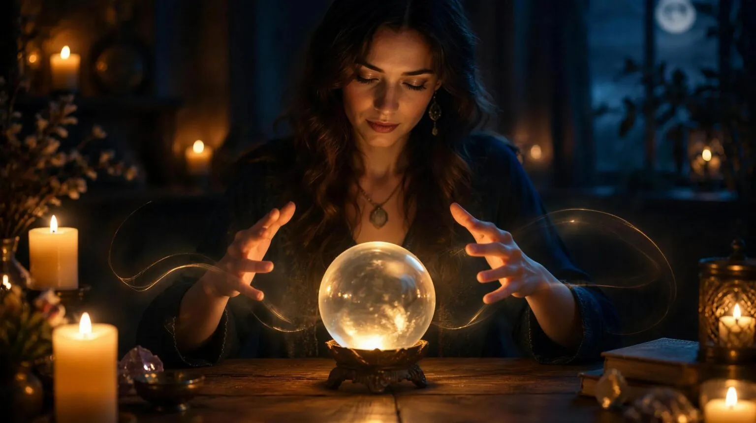 Woman seated at a candlelit table with her hands held over a softly glowing crystal sphere during a psychic reading