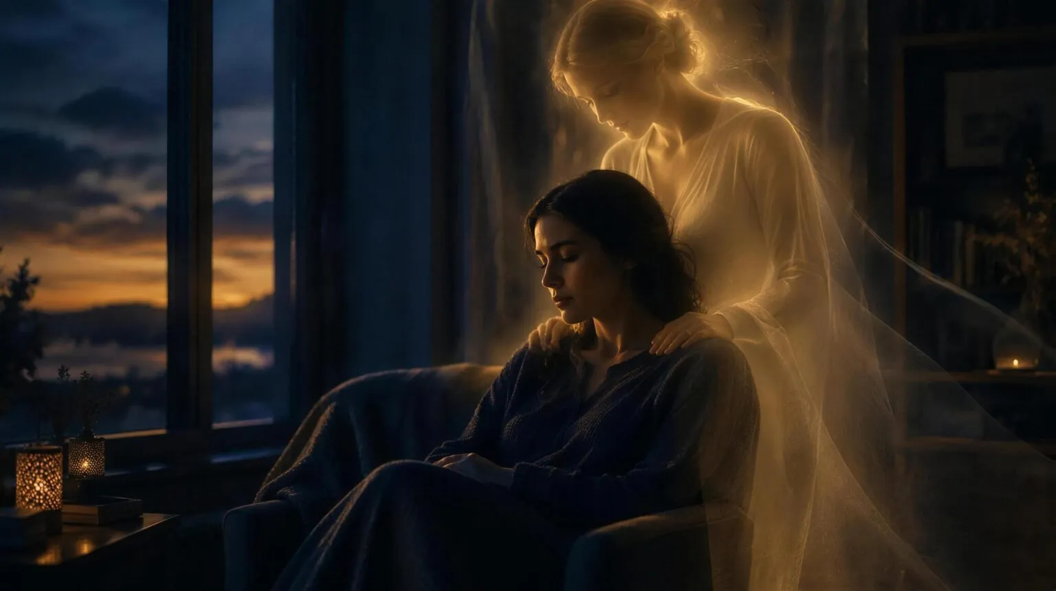 A glowing translucent figure resting a hand on the shoulder of a woman seated in a dim room, an image of a medium sensing a spirit presence