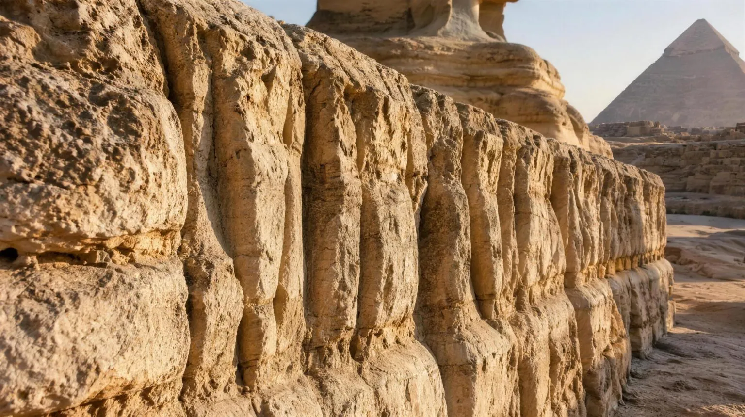 Weathered limestone enclosure wall of the Great Sphinx with deep vertical grooves and rounded ridges