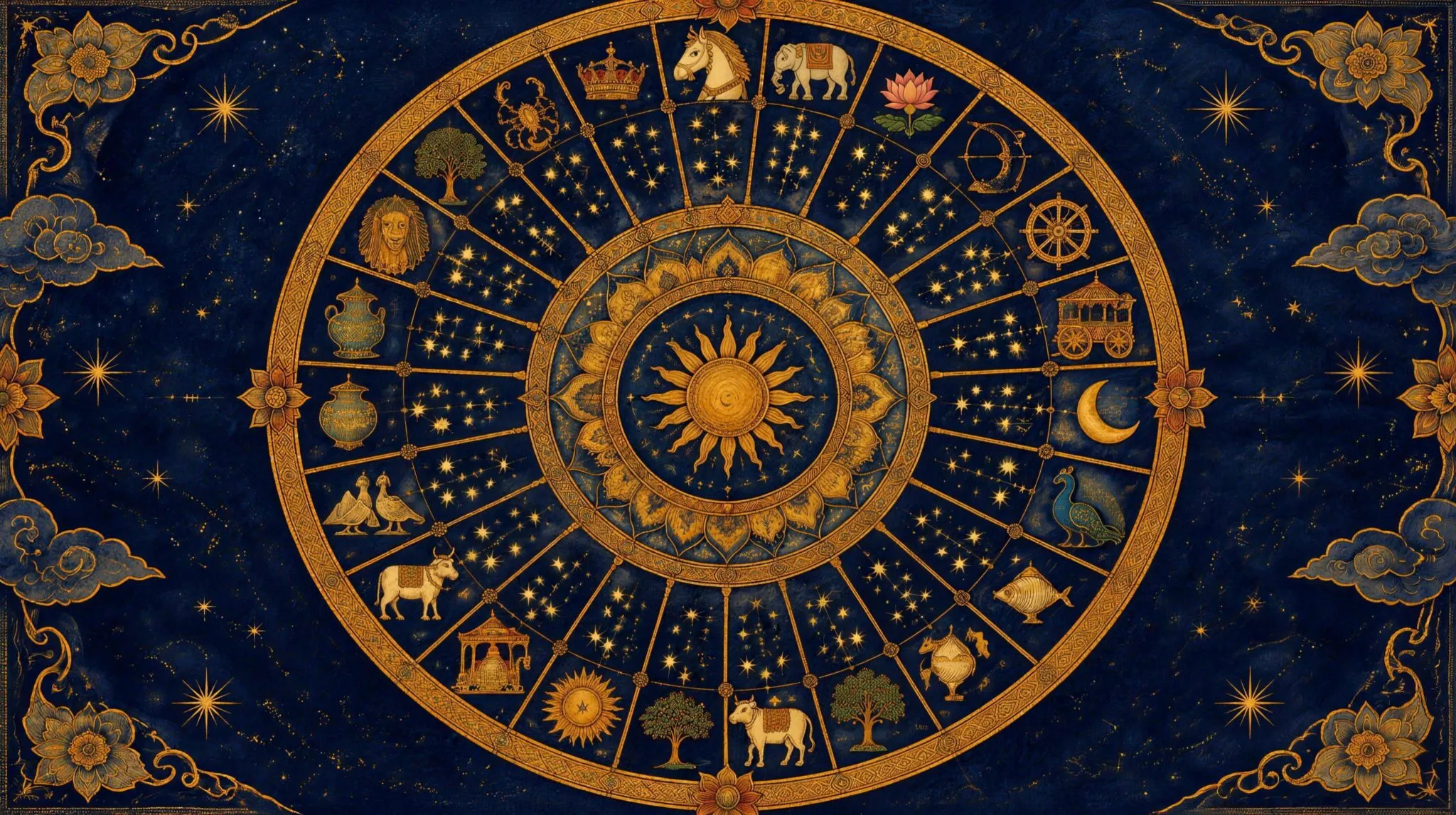 A golden wheel of the night sky divided into twenty-seven segments, each holding a small star cluster and symbol, in ancient Indian manuscript style