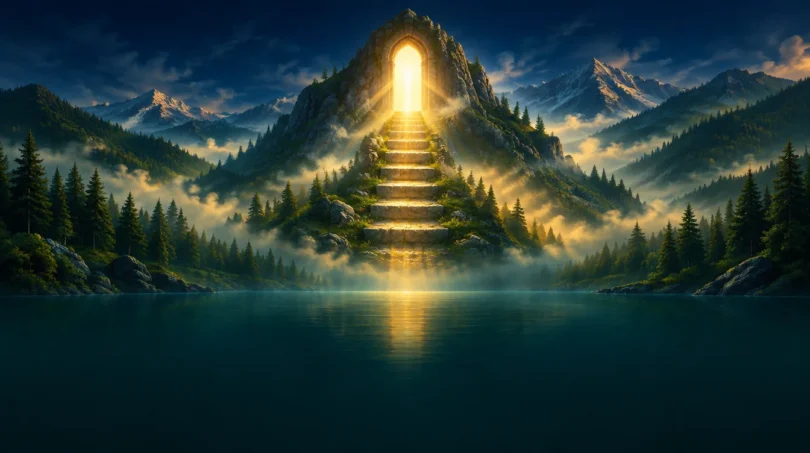 Painted stone steps climbing a misty mountain toward a glowing golden doorway of light under a deep navy sky