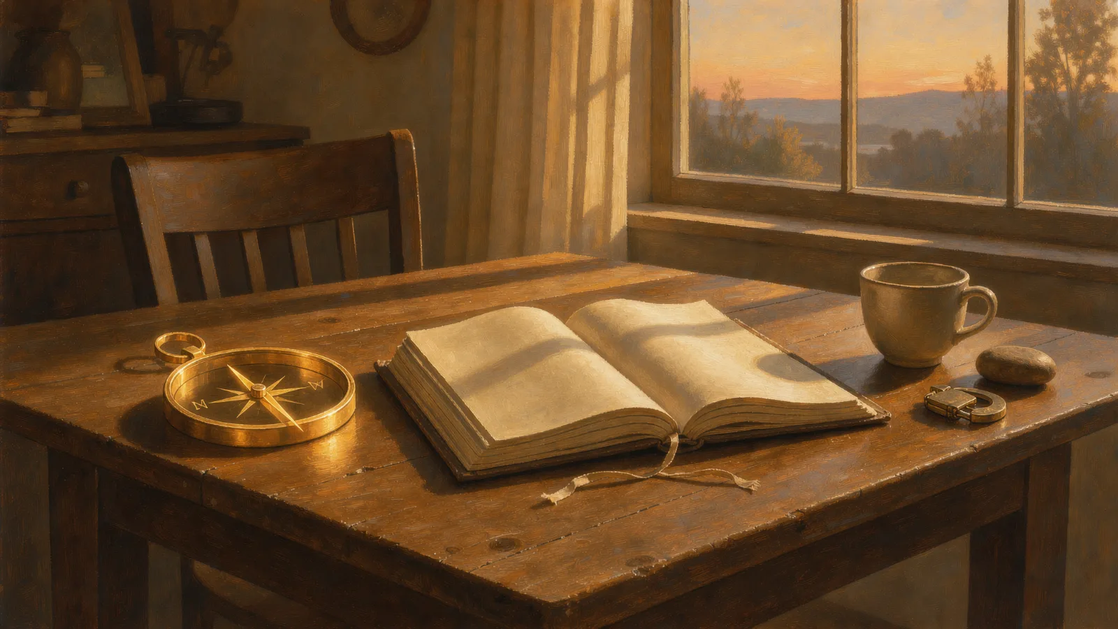An open journal and a golden compass on a wooden table by a window at dawn