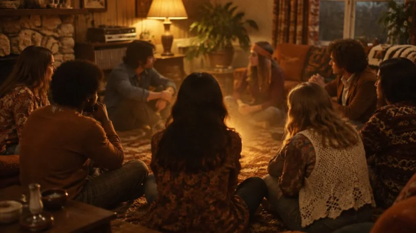 A circle of people in a lamplit 1970s living room listening closely with a soft golden glow at the center