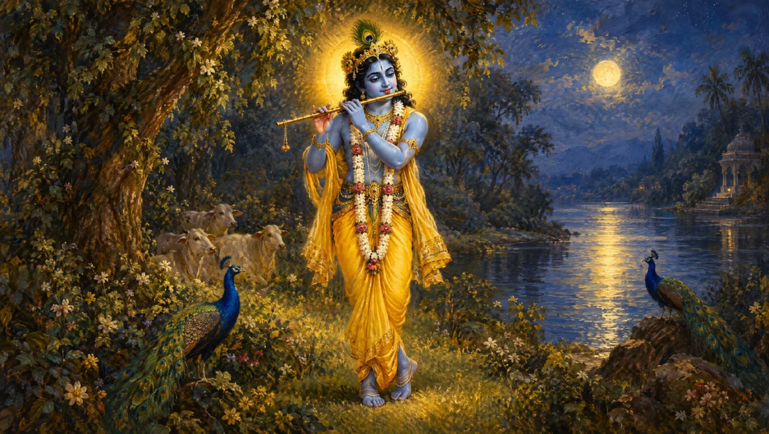 Devotional oil painting of Krishna with peacock feather and flute in a moonlit grove