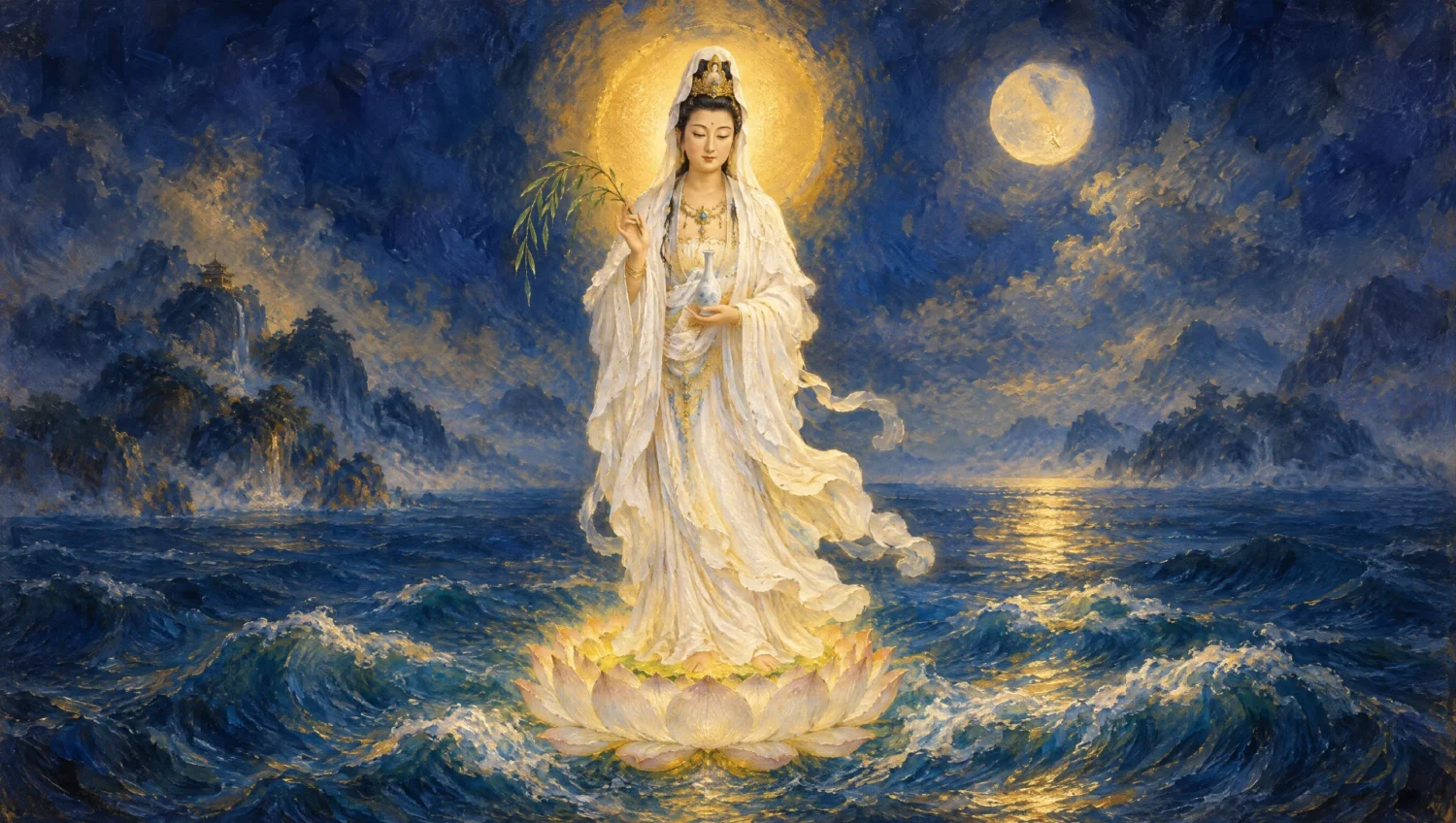 Devotional oil painting of Kuan Yin in white robes holding a vase of pure water, standing on a lotus