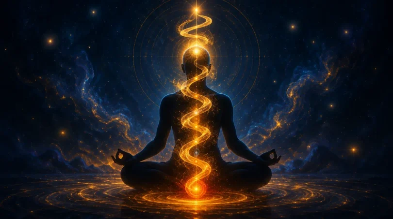 A seated meditator silhouette with a spiral ribbon of golden energy rising along the spine to the crown, representing kundalini awakening