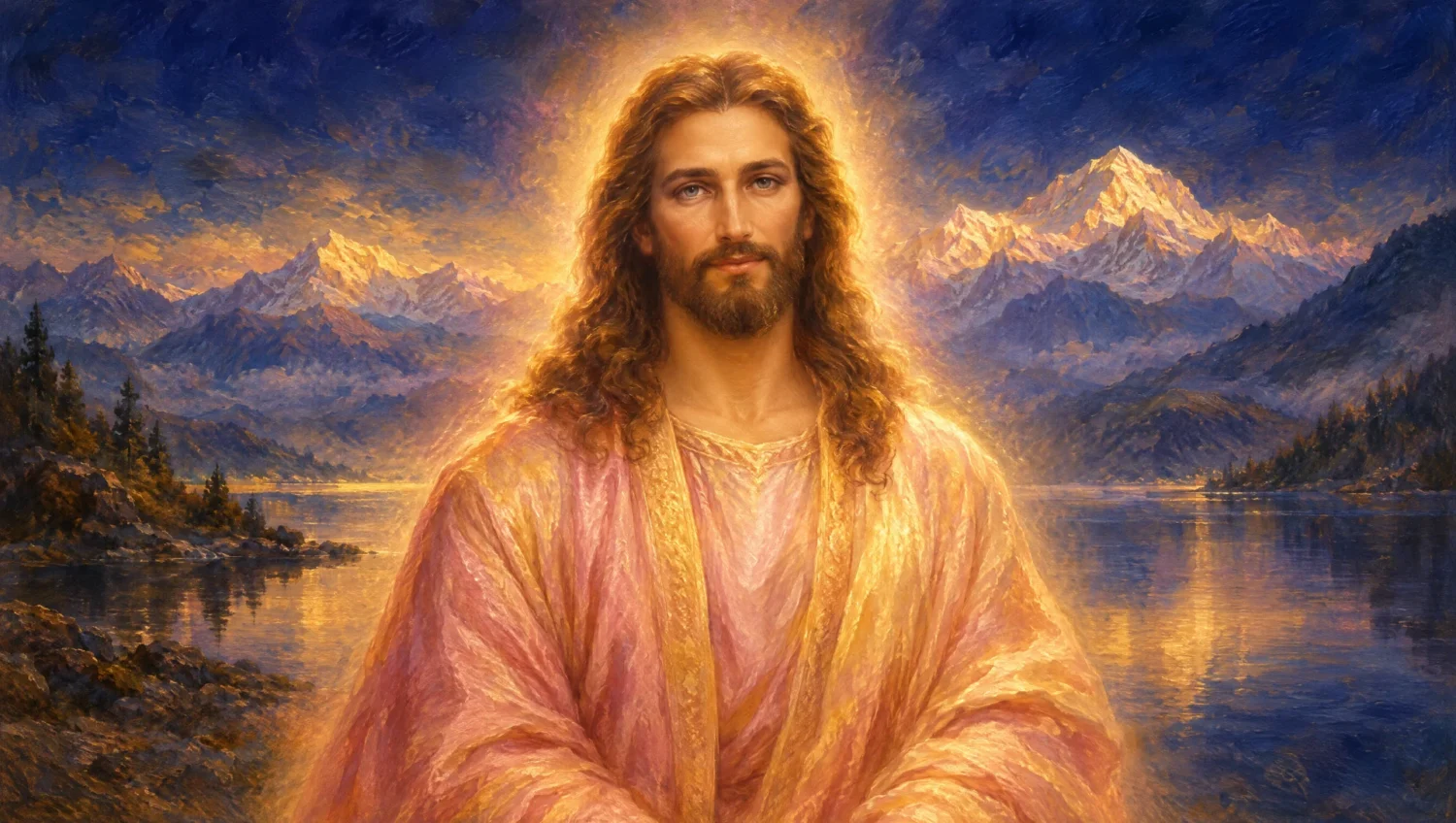 Devotional oil painting of Kuthumi in warm rose-gold robes with a mountain lake behind him