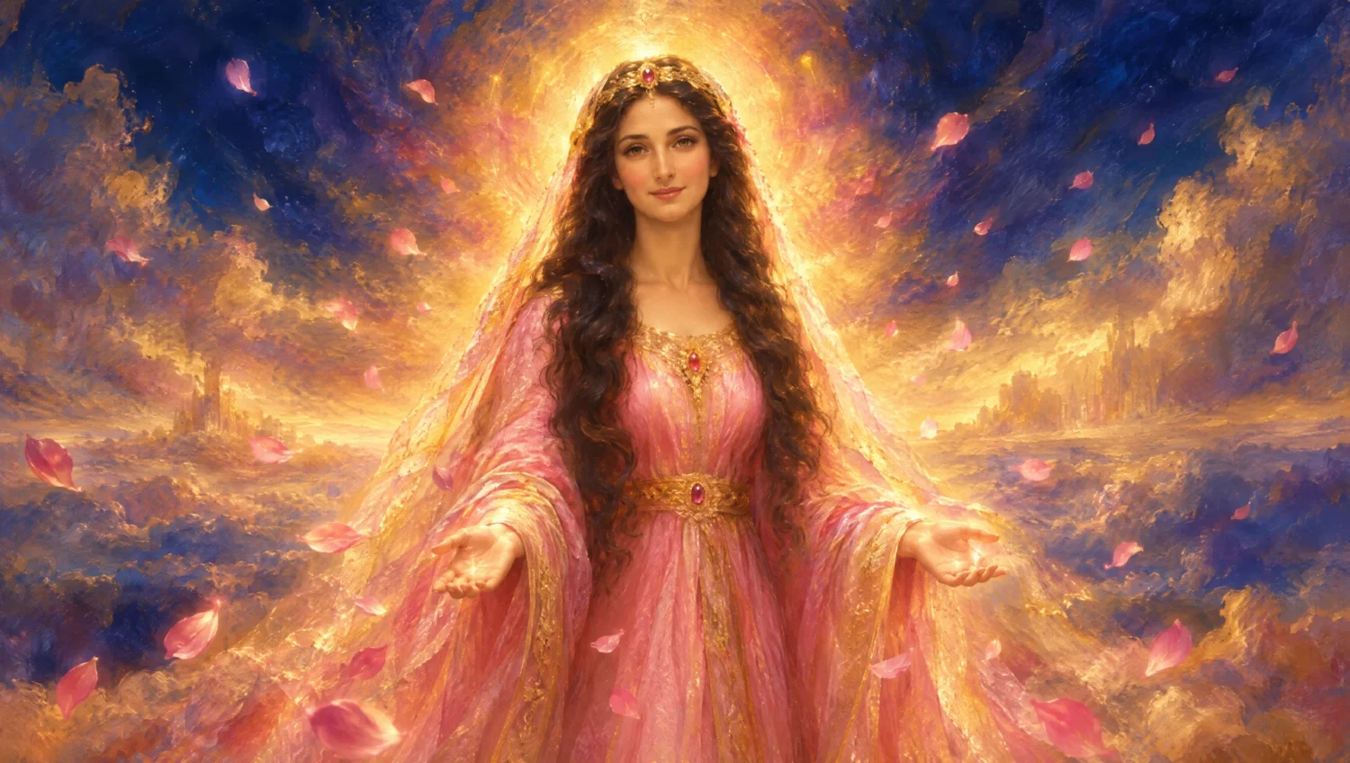 Devotional oil painting of Lady Master Nada in a rose-pink gown with a glowing aura